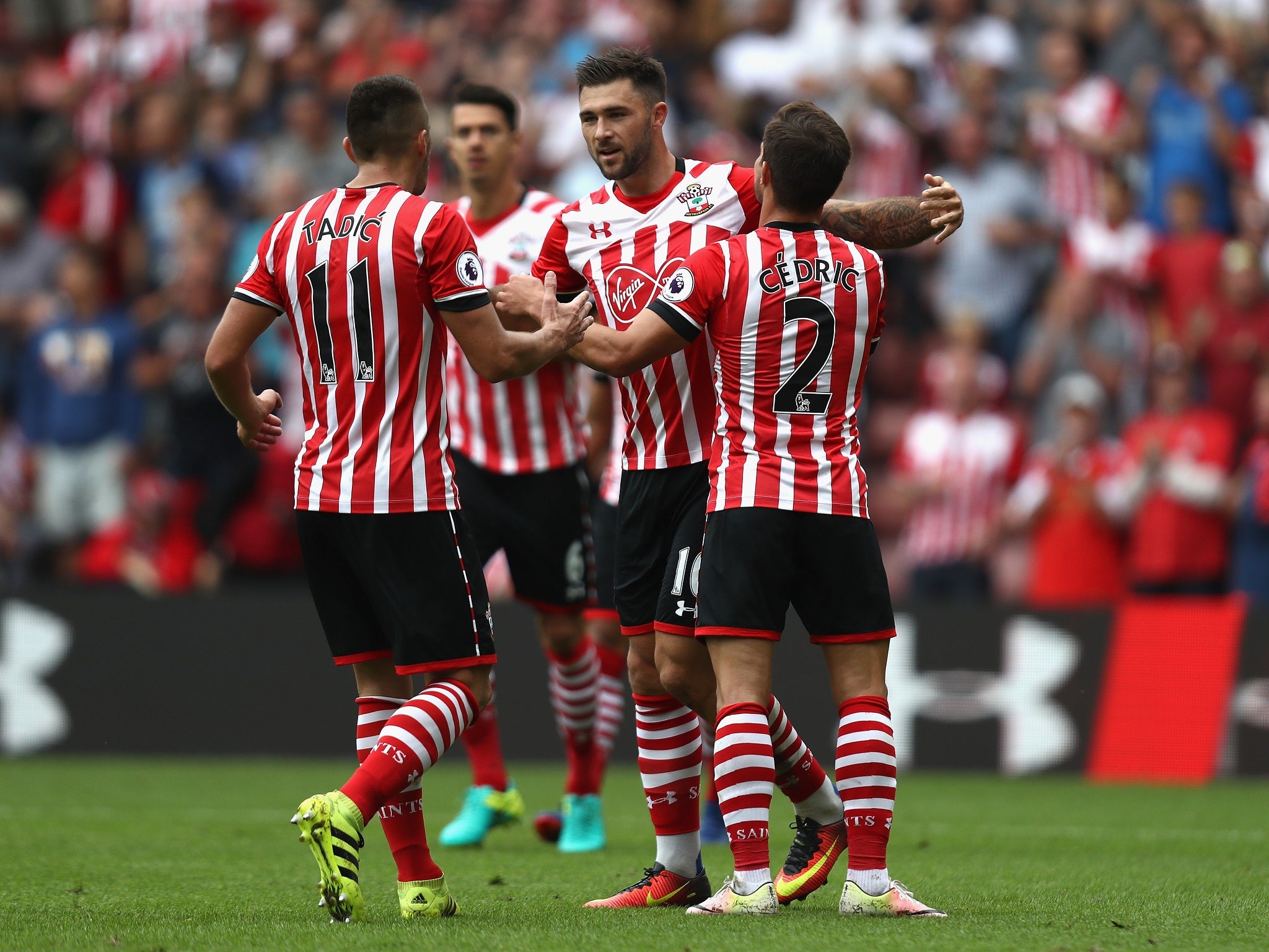 Charlie Austin is congratulated on scoring Southampton's winner