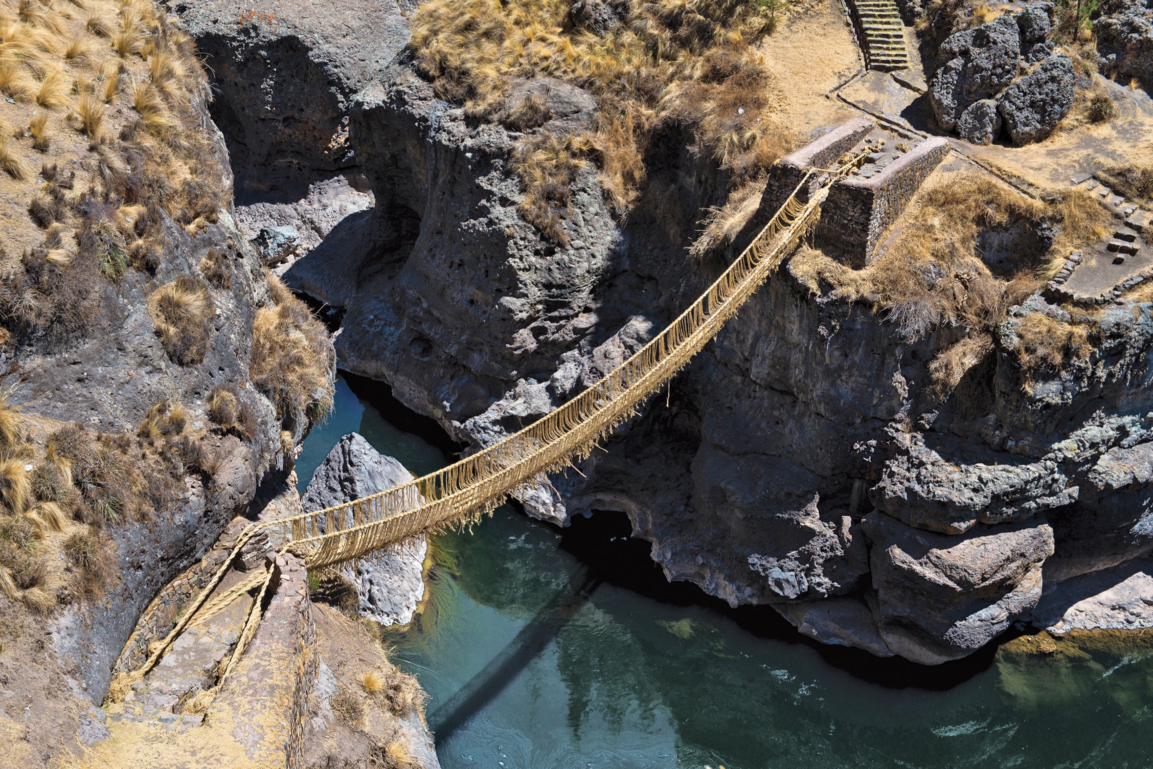 This Incan suspension bridge, made from woven grass, can support the weight of 56 people