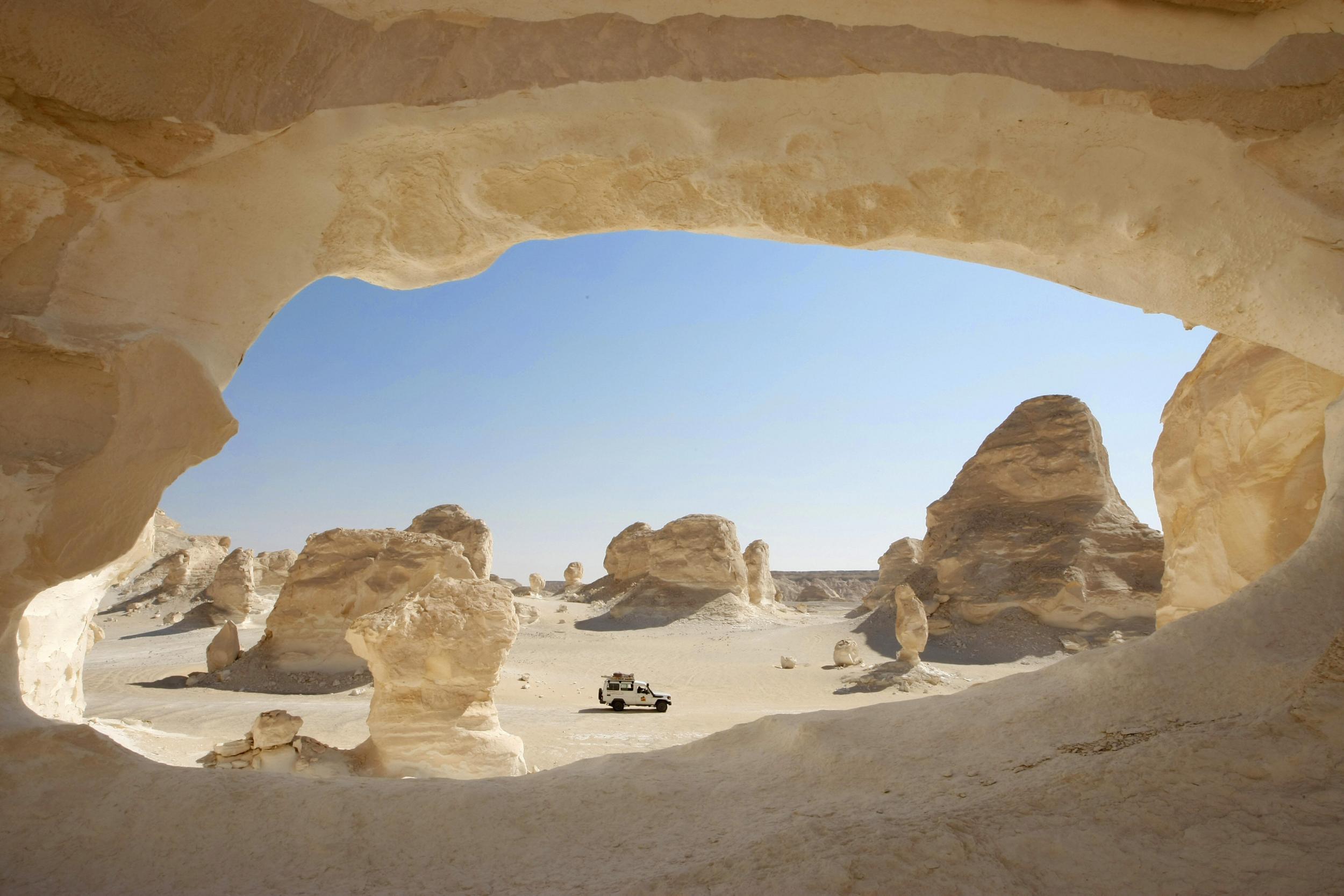 Egypt's White Desert is known for its unusual wind-formed limestone formations