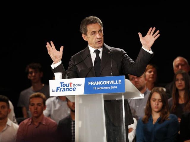 Former French President Nicolas Sarkozy delivers his speech as he runs for the 2017 presidential election, in Franconville, north of Paris, Monday, 19 September, 2016