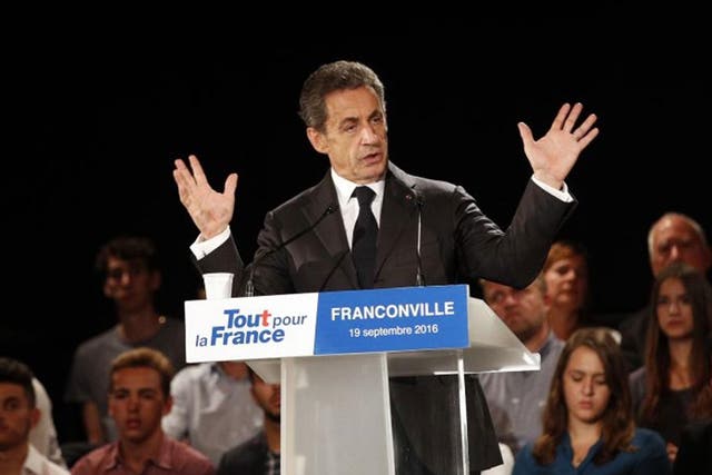 Former French President Nicolas Sarkozy delivers his speech as he runs for the 2017 presidential election, in Franconville, north of Paris, Monday, 19 September, 2016