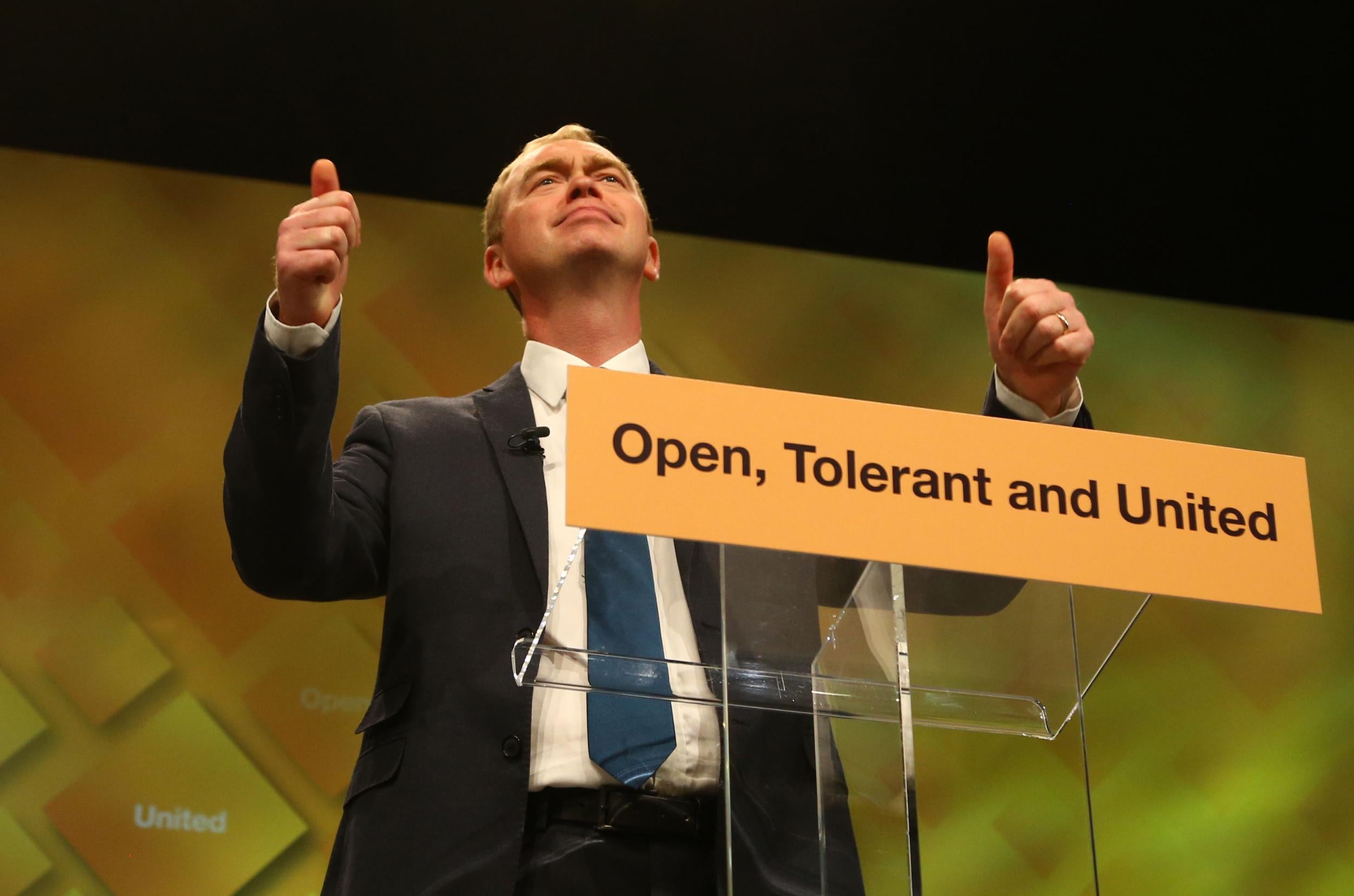 Lib Dem leader Tim Farron delivers his keynote speech on the final day of the party's conference