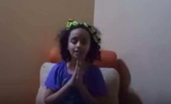 A screenshot from Yara's home-recorded message for world leaders to end the war in Yemen