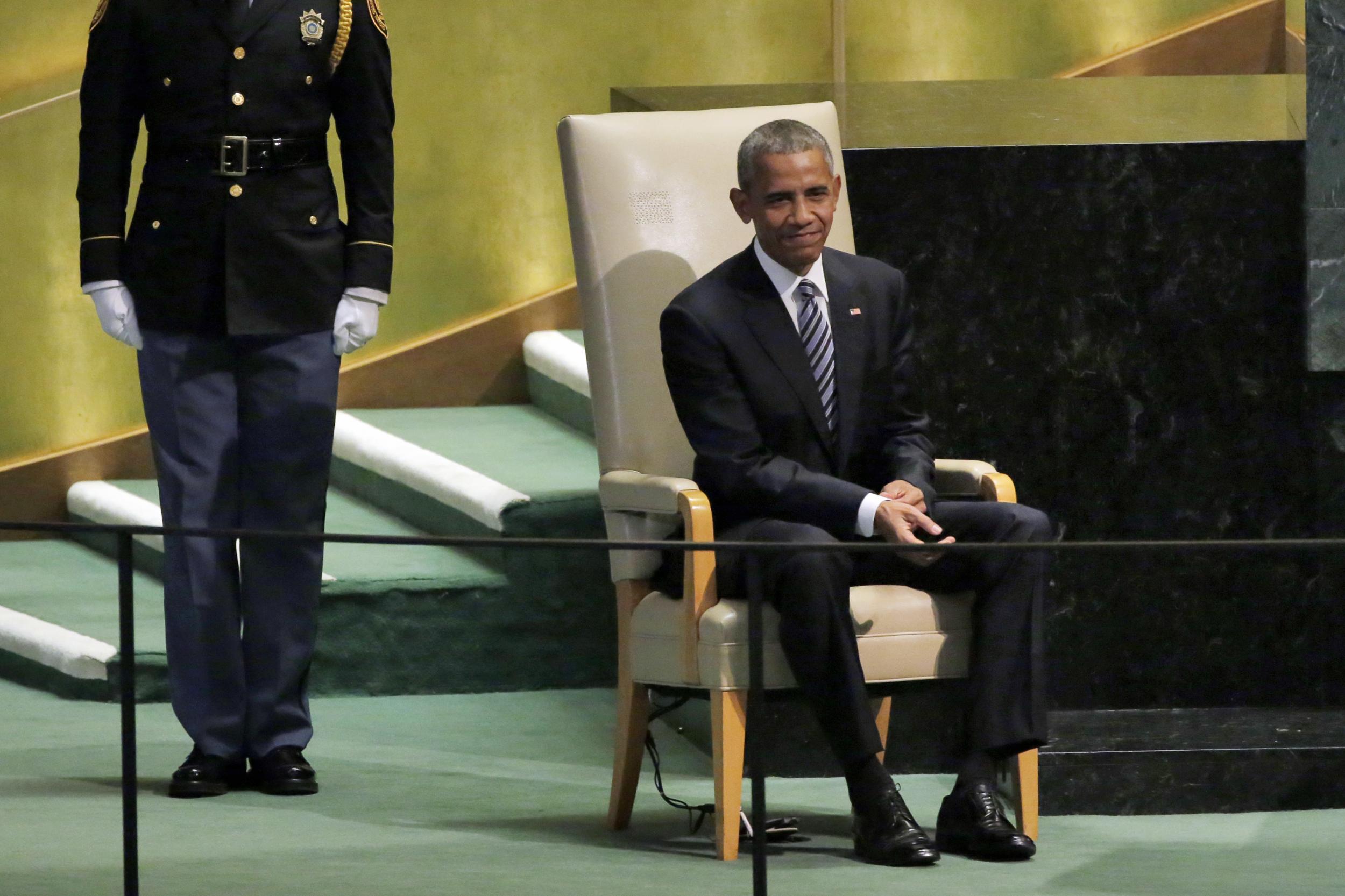 President Barack Obama waits to address to the 71st session of the United Nations General Assembly