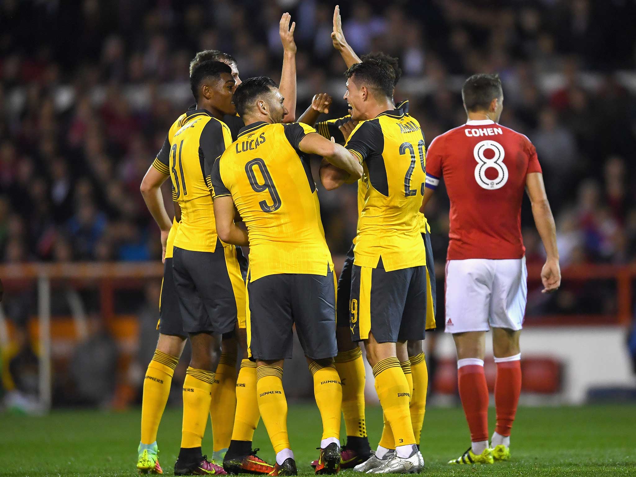 Granit Xhaka celebrates putting Arsenal ahead at Forest