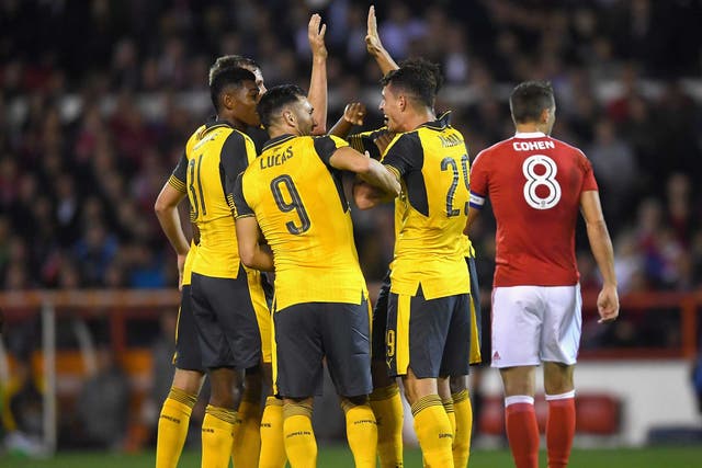 Granit Xhaka celebrates putting Arsenal ahead at Forest