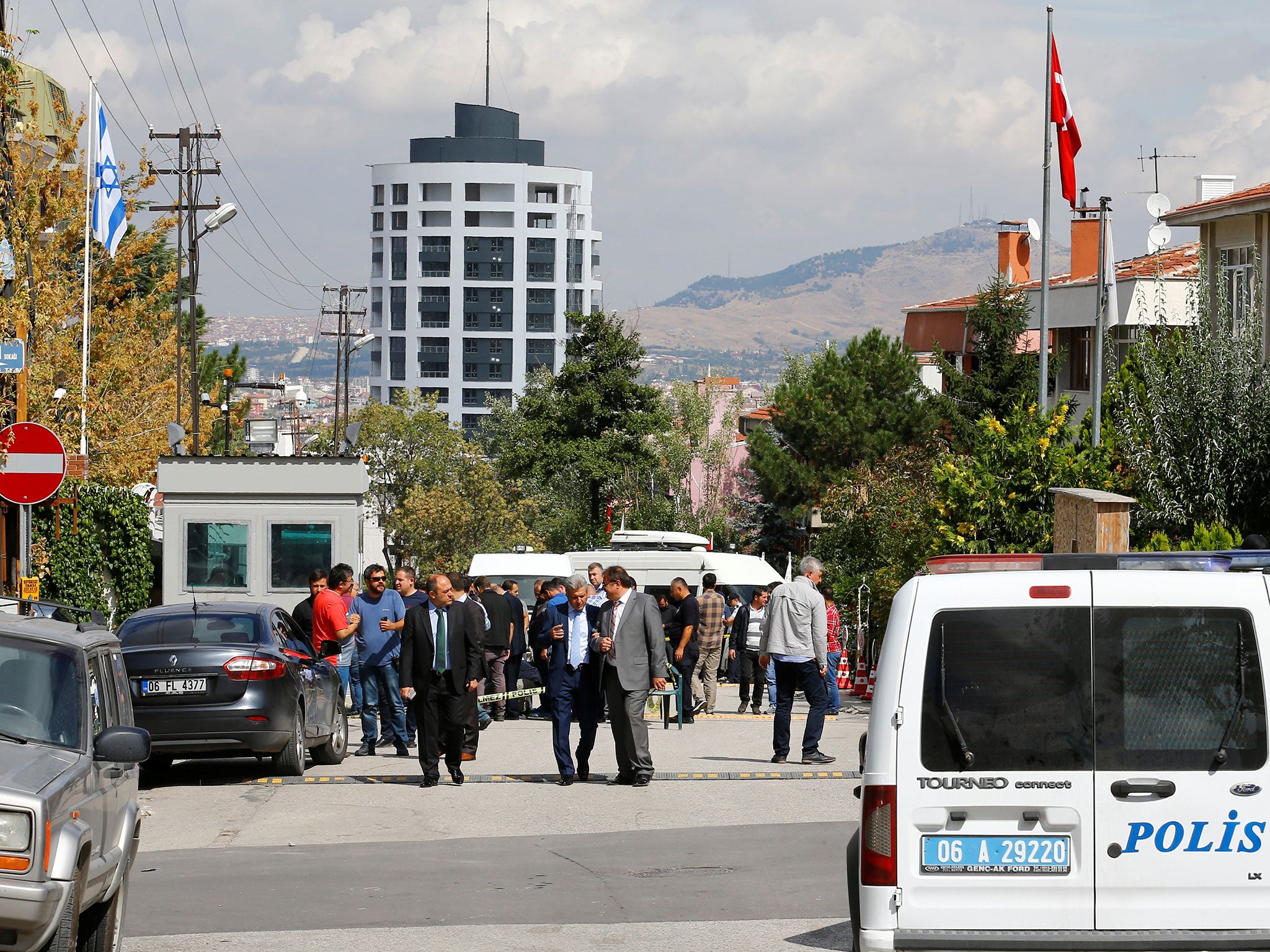 Investigators outside the Israeli Embassy in Ankara after an attempted attack on 21 September