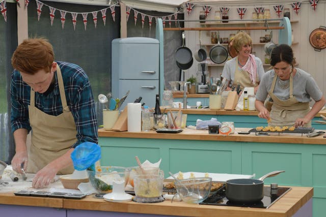 Bakers Andrew, Candice and Jane hard at work in the GBBO tent during Pastry Week