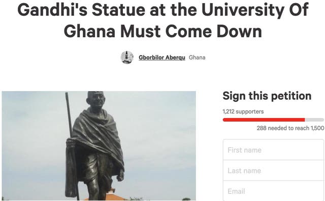 Hundreds have signed a petition calling for the Gandhi statue to come down