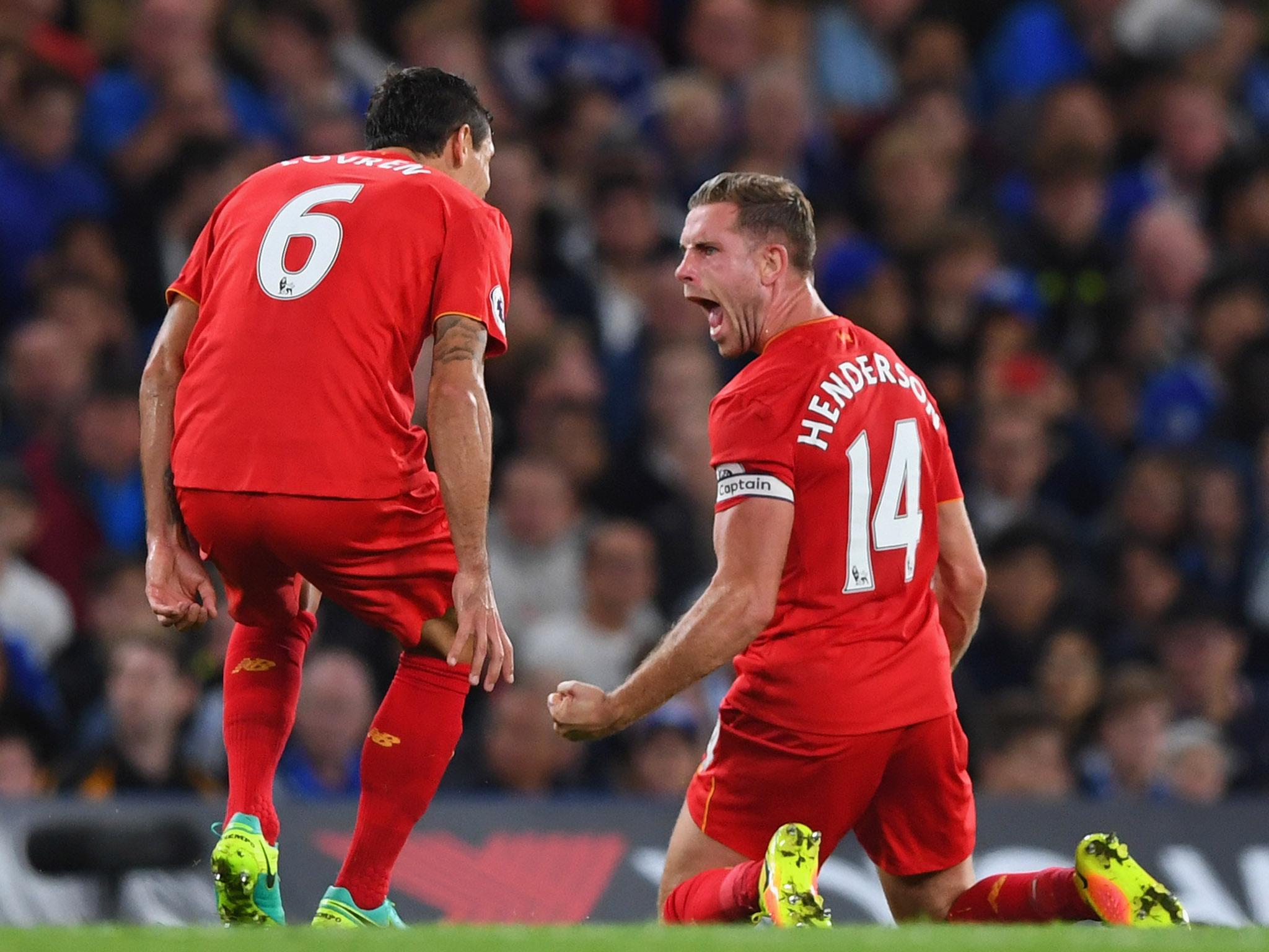 Jordan Henderson celebrates his wondergoal against Chelsea