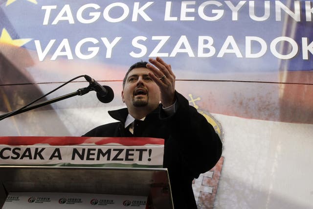 Csanad Szegedi, pictured at a rally in Budapest in 2012, has renounced all links to the far-right party