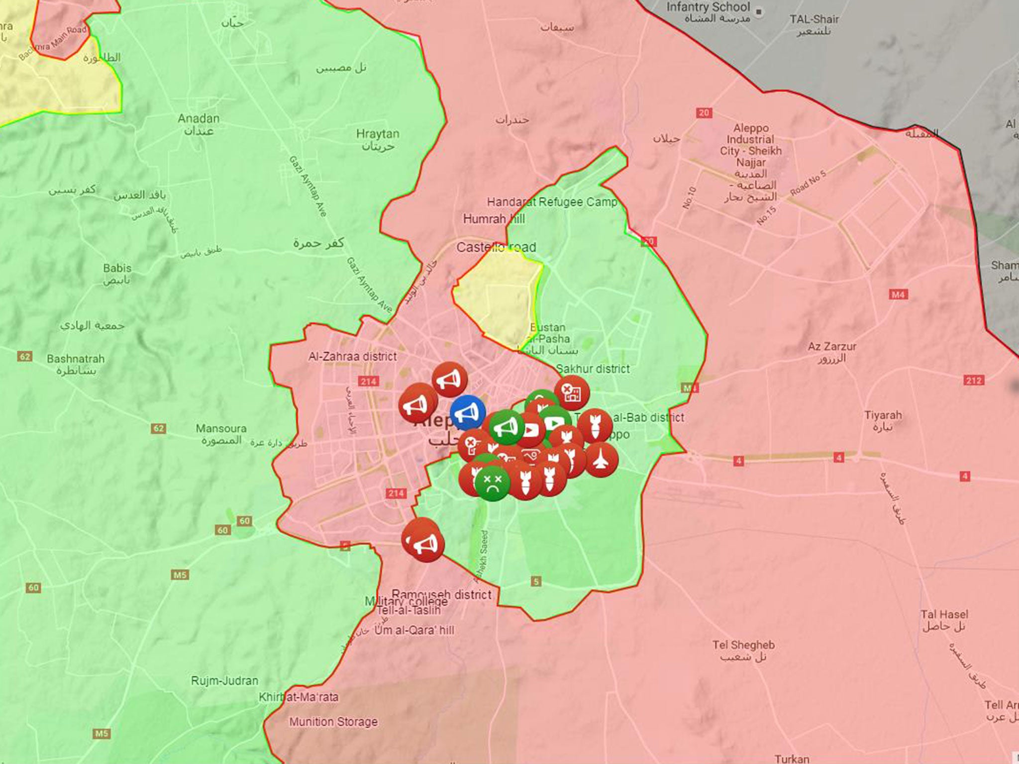 The situation in Aleppo on 23 September, with regime attacks and territory seen in red, rebels in green, Kurds in yellow and Isis in black