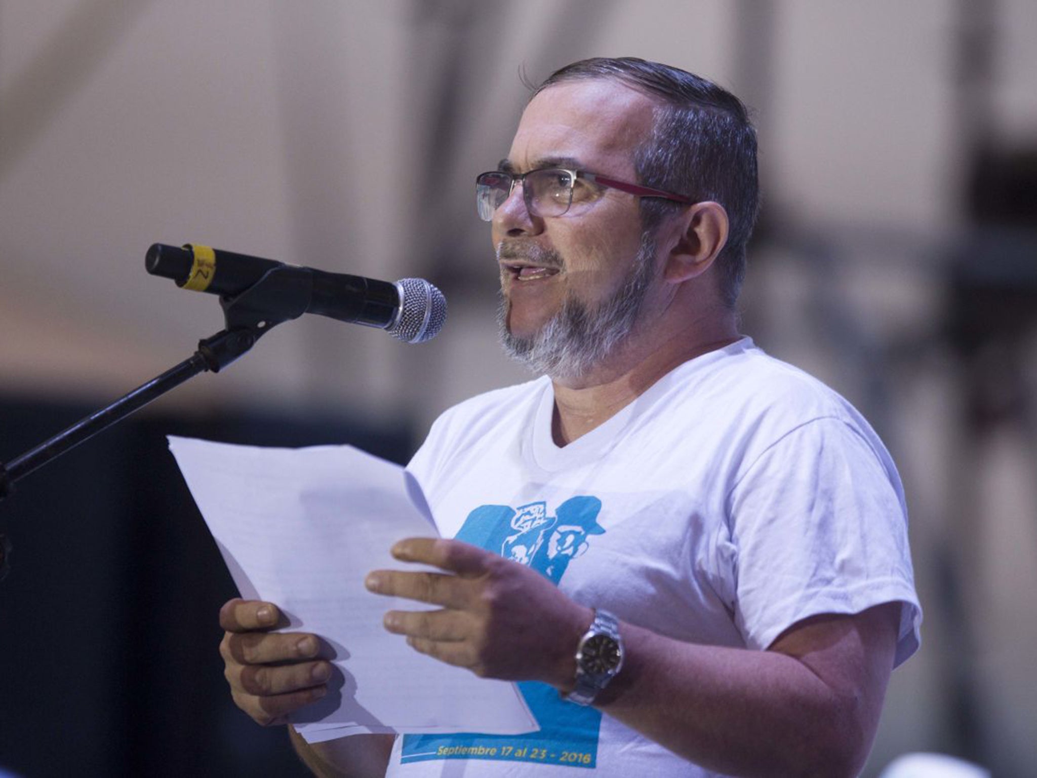 Timochenko speaks during the closing event of the 10th conference of the FARC yesterday