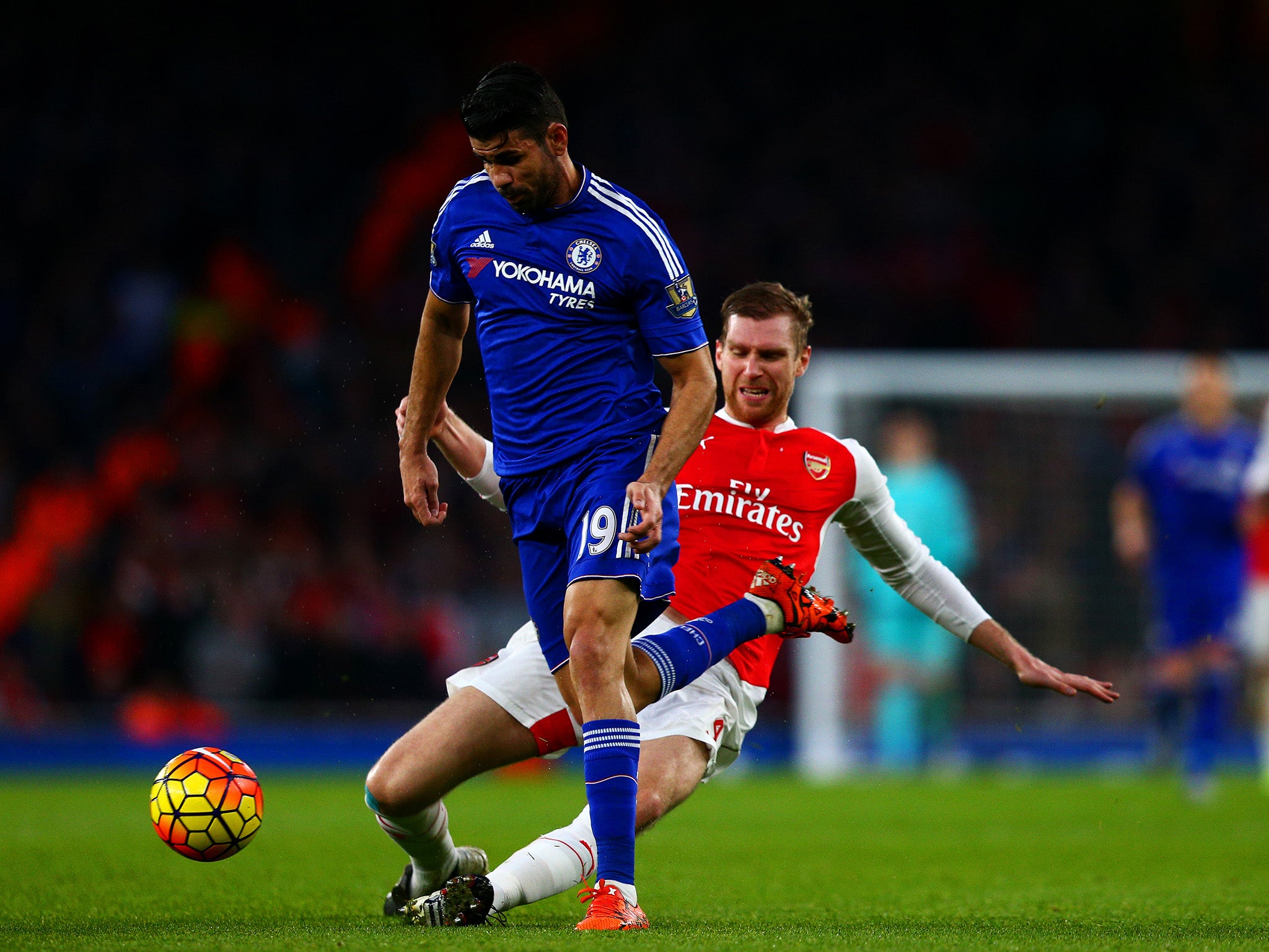 Per Mertesacker saw red for this challenge on Diego Costa