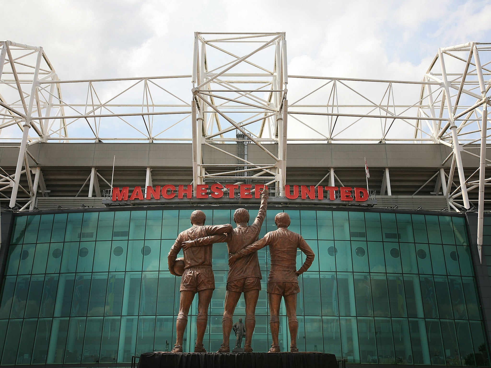 The 'United Trinity' statue of Denis Law, George Best and Sir Bobby Charlton outside Old Trafford