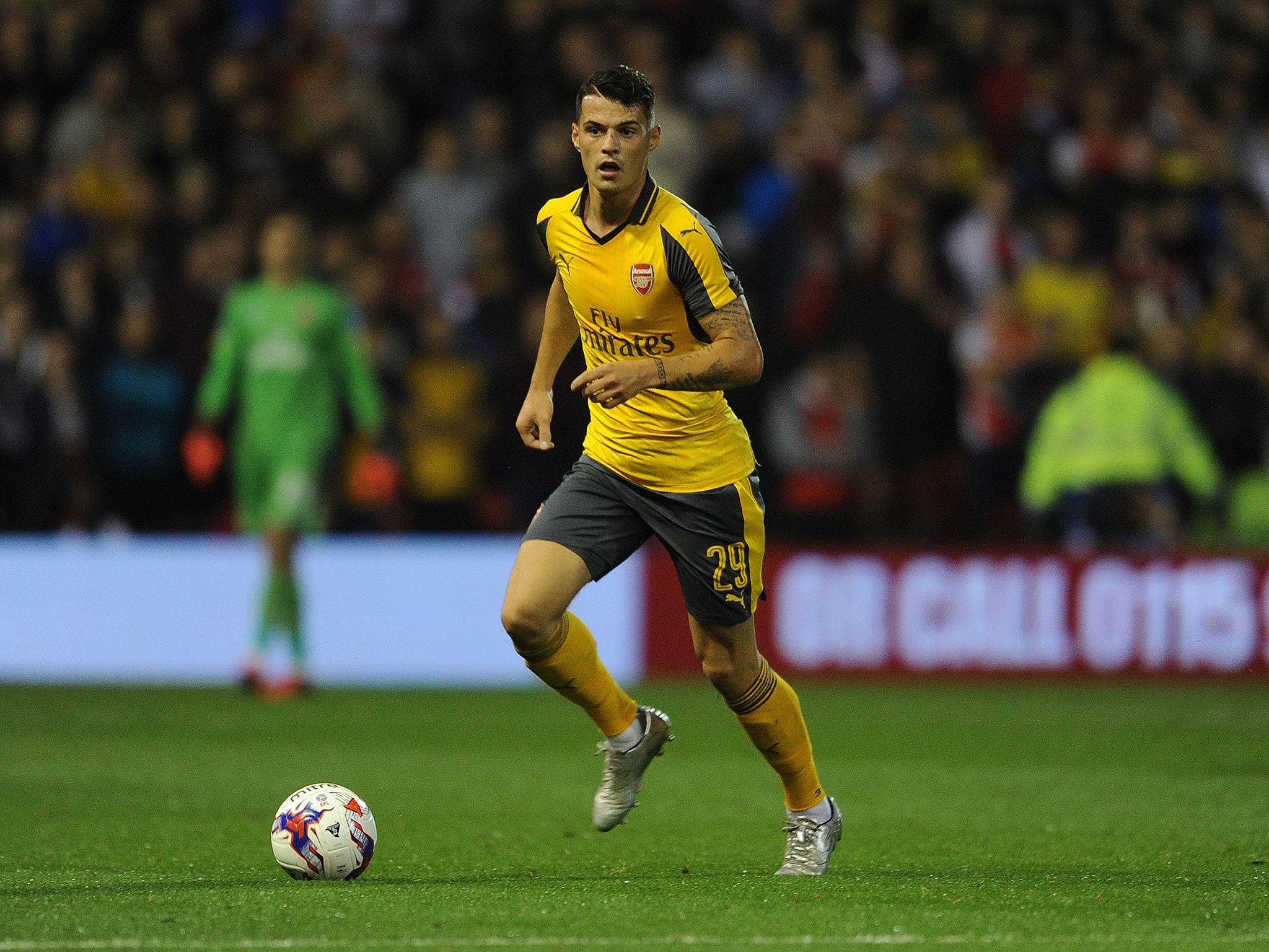 Granit Xhaka in action for Arsenal during their midweek victory against Nottingham Forest in the EFL Cup