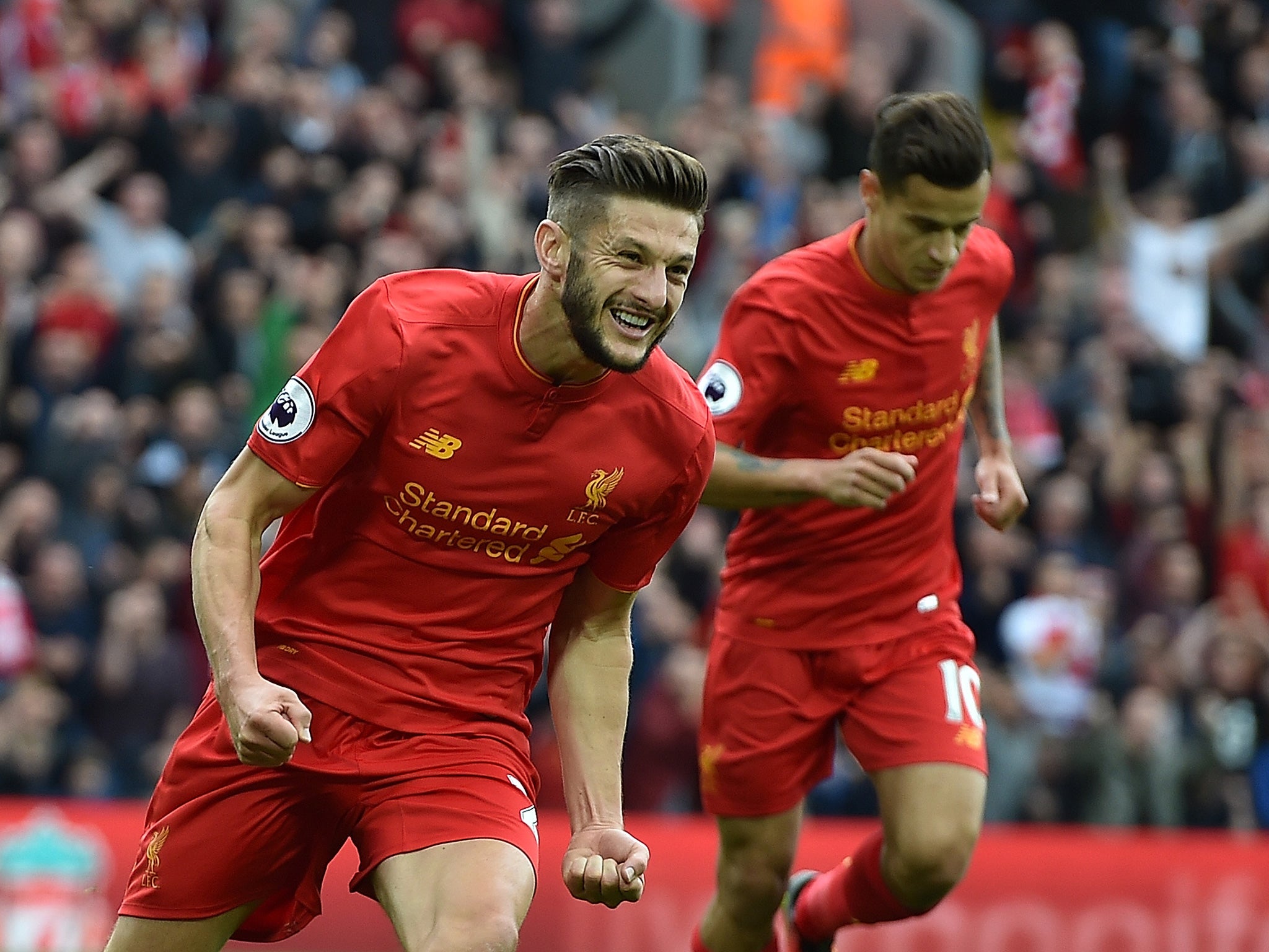 Lallana celebrates opening the scoring at Anfield