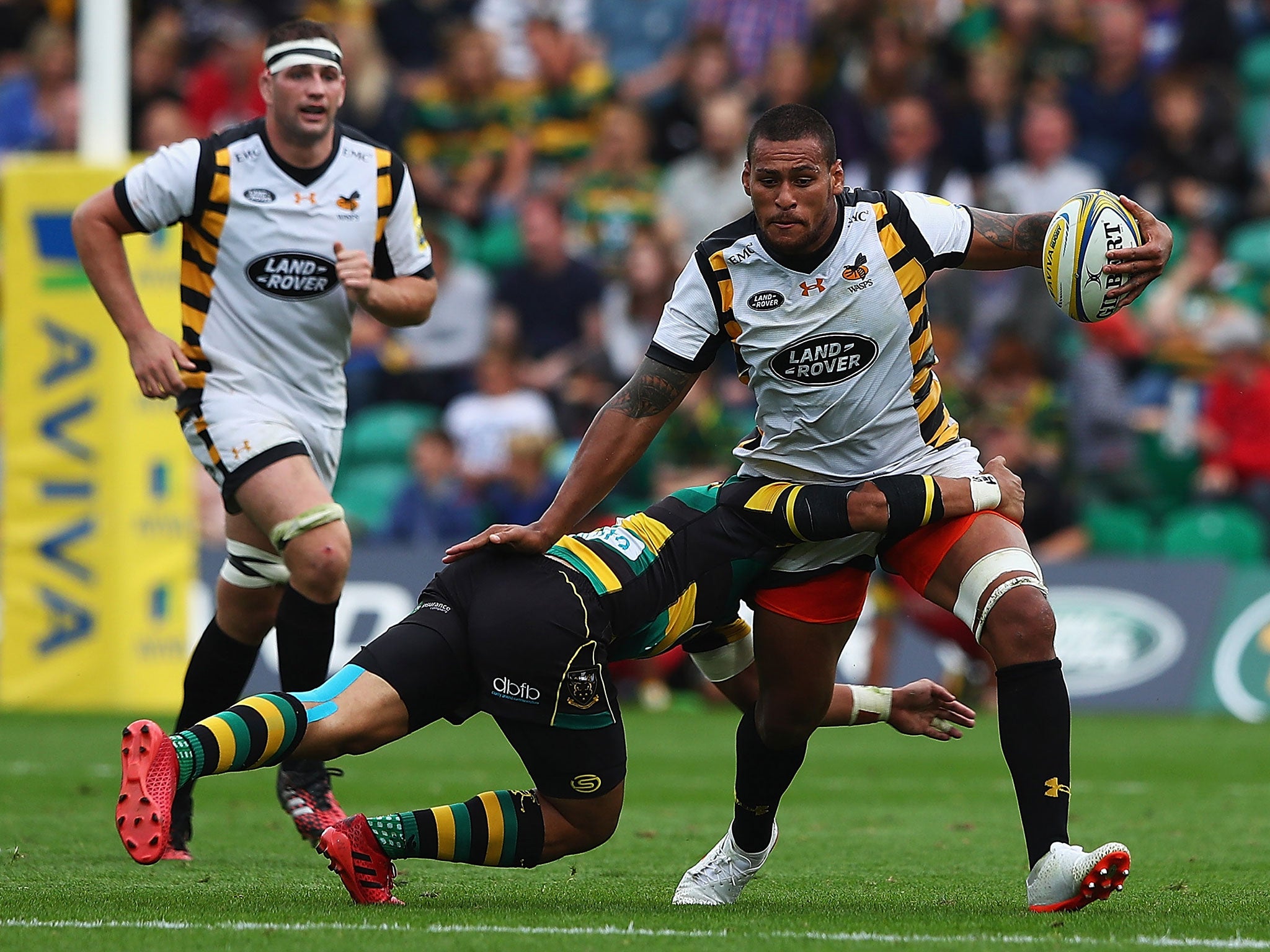 Nathan Hughes of Wasps breaks through the Northampton defence