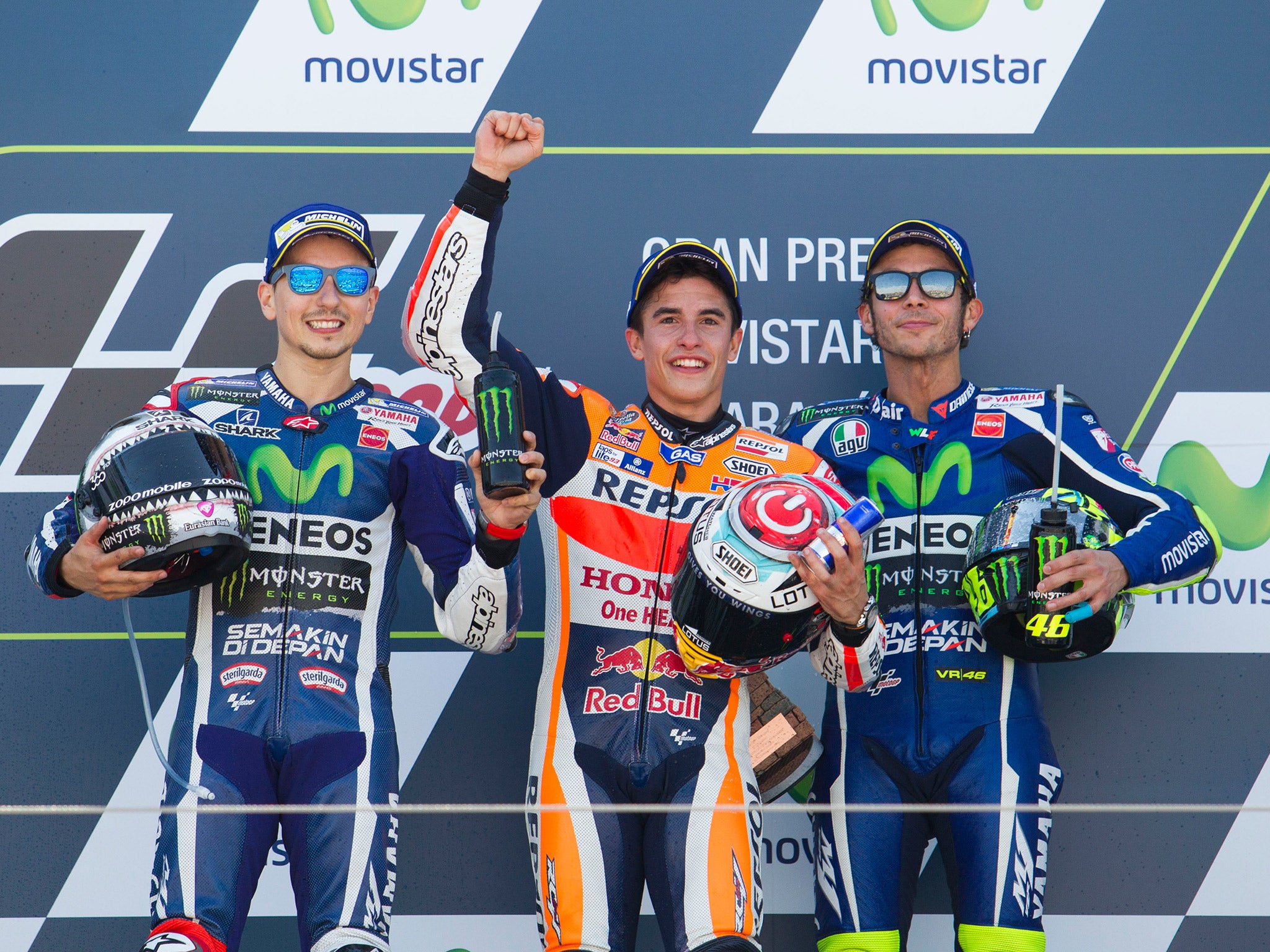 Marquez now leads Rossi (right) by 52 points with Lorenzo (left) a further 14 points behind