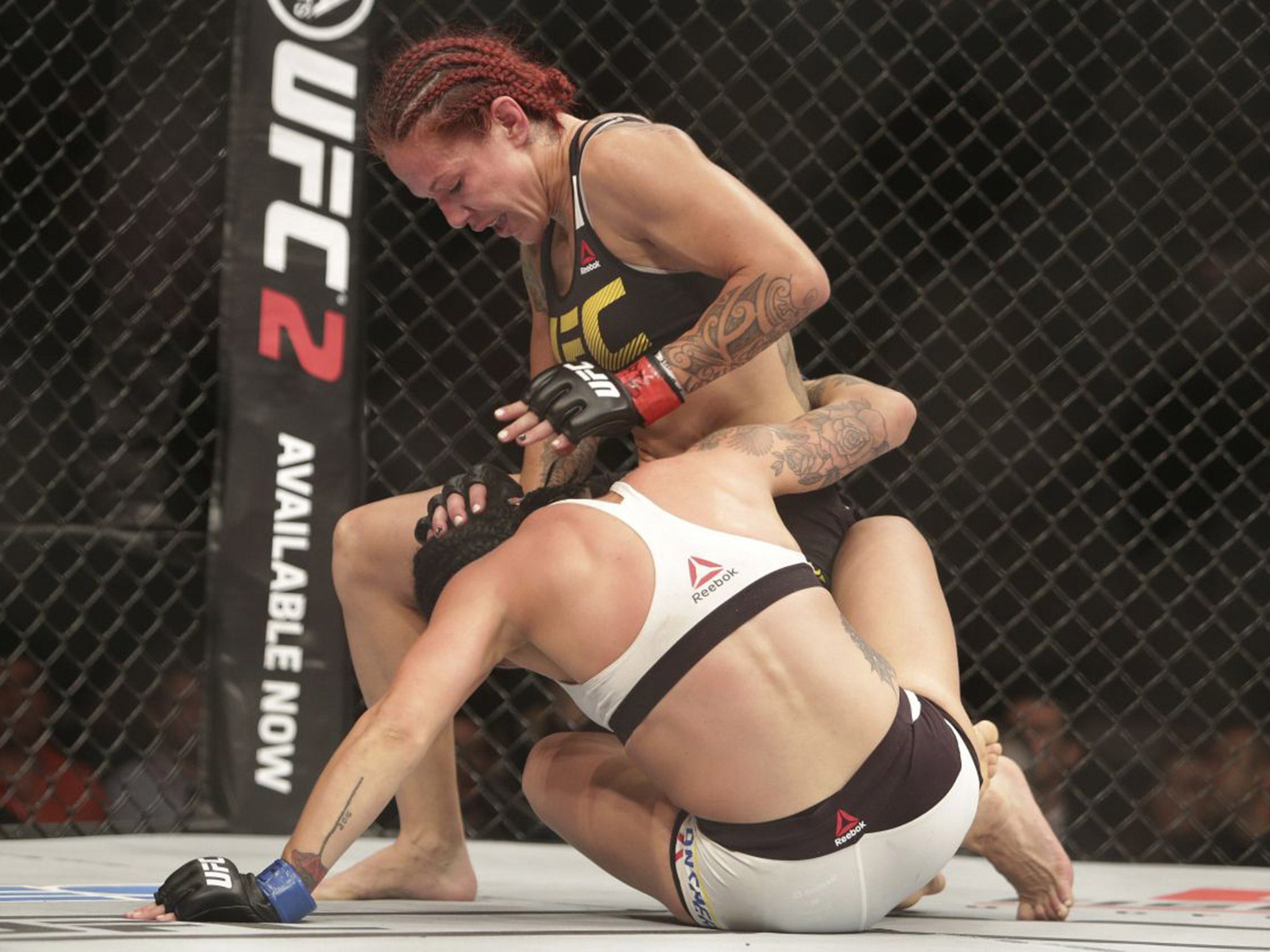 Brazil's Cristiane Justino works against Sweden's Lina Lansberg during UFC Fight Night Brasilia