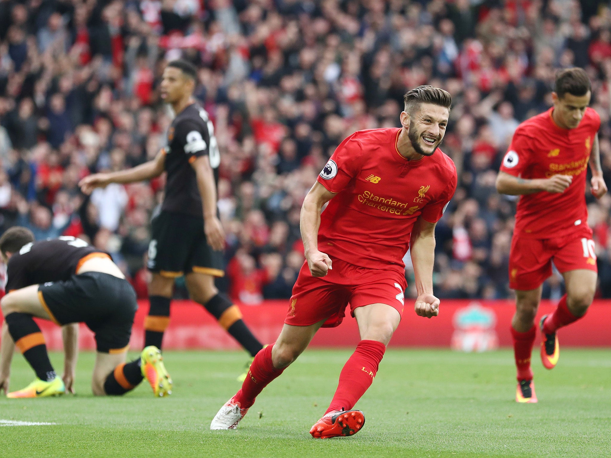 Adam Lallana celebrates his first goal against Hull at the weekend