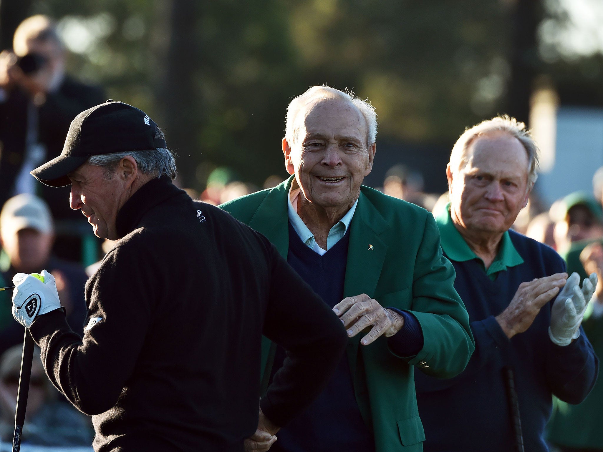 Arnold Palmer with honorary starters Gary Player and Jack Nicklaus at Round 1 of the 80th Masters Golf Tournament earlier this year