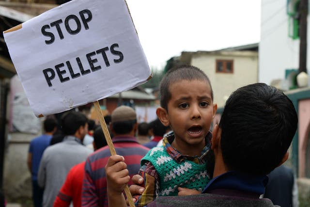 A Kashmiri protester carries his son as he holds a placard during a protest in Srinagar