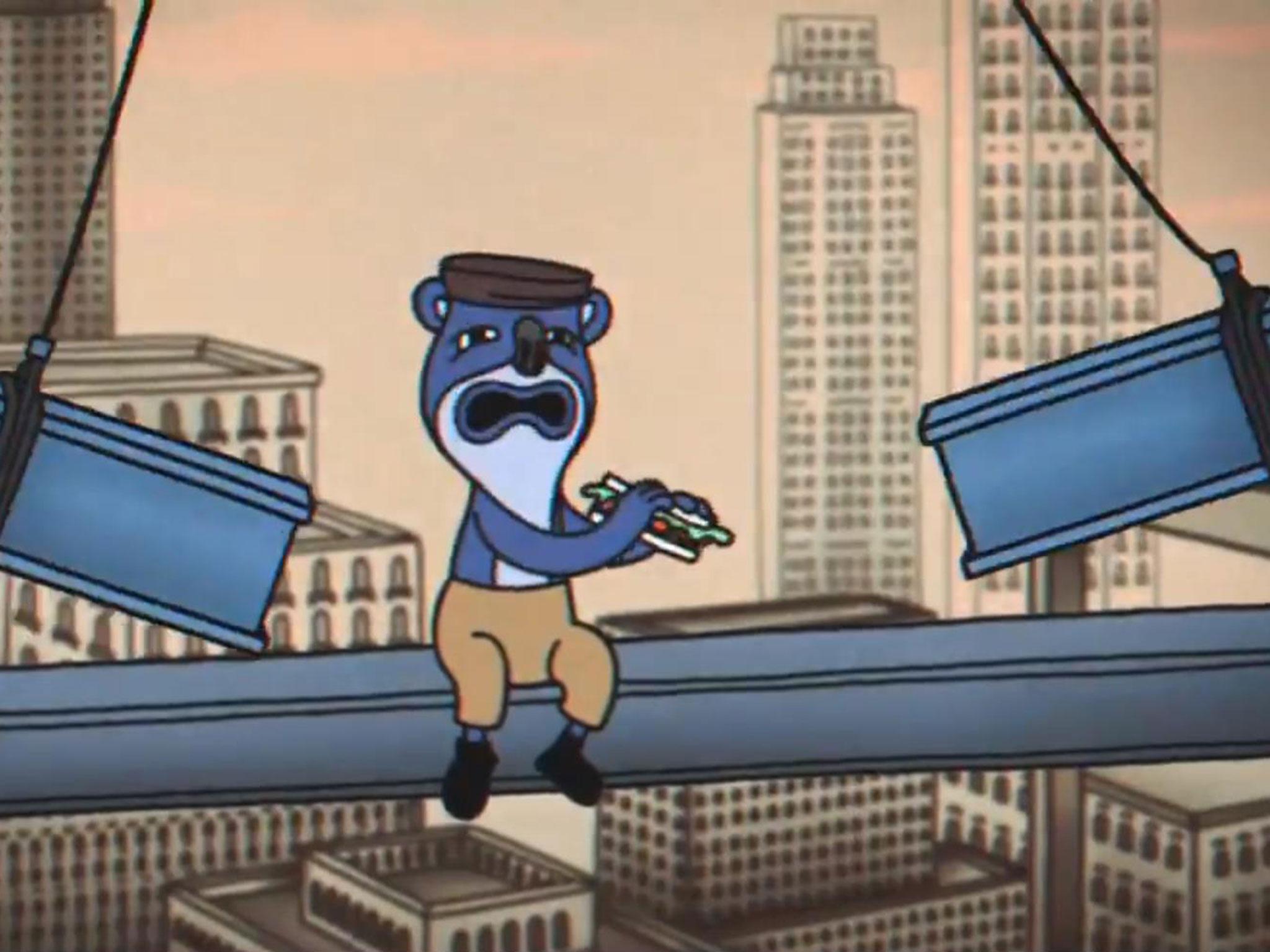 A cartoon character is caught between two swinging girders in the Government's new cycling safety film (Department for Transport)