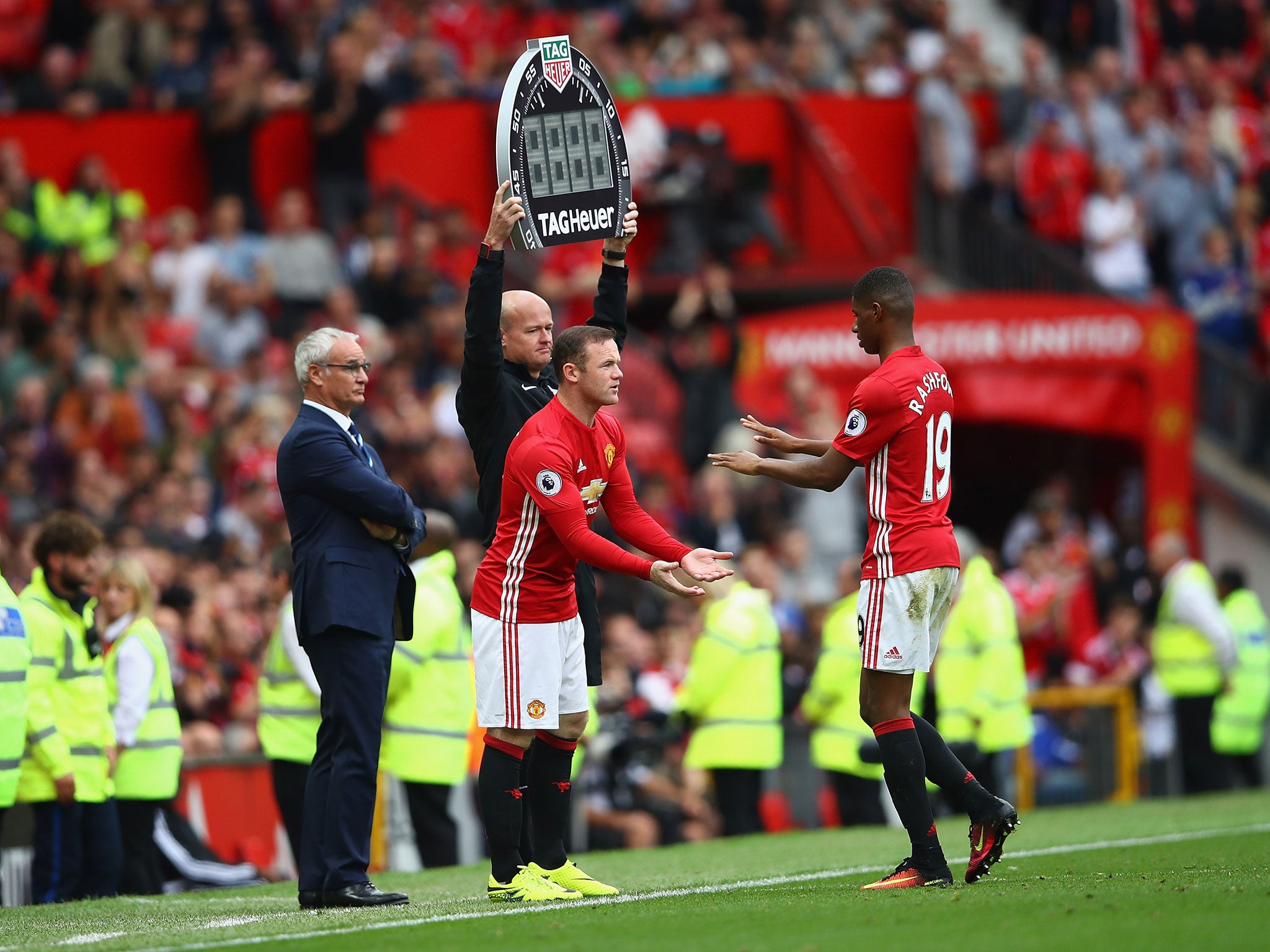 Wayne Rooney was subbed on for Marcus Rashford during the 83rd of United's Saturday clash against Leicester