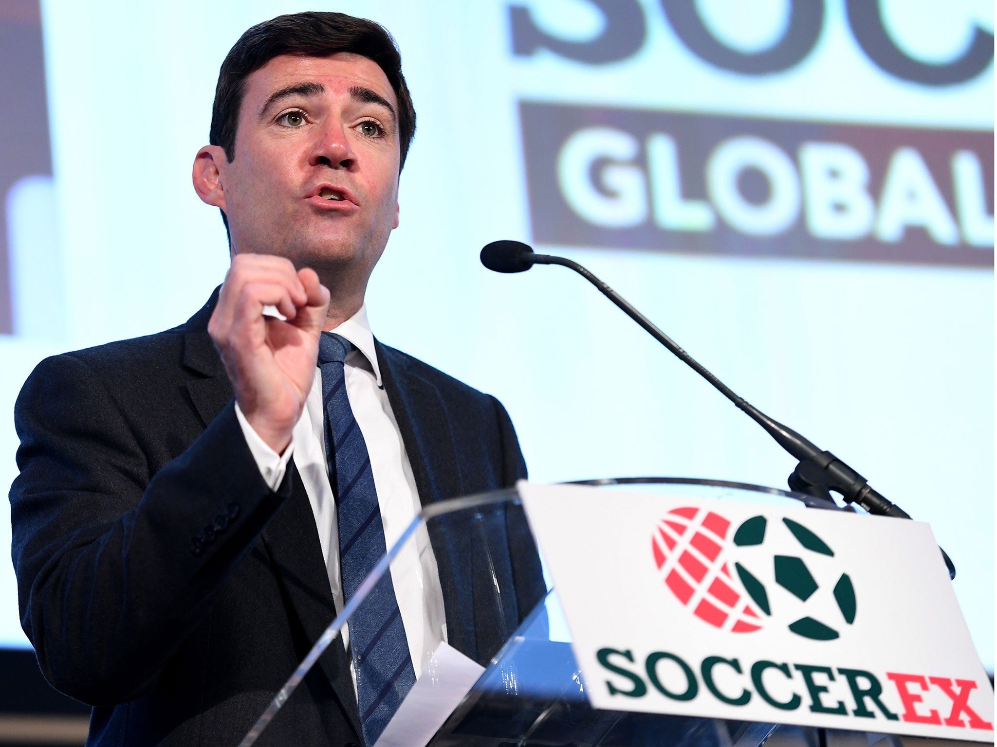 Andy Burnham speaking in Manchester at the Soccerex Global Convention