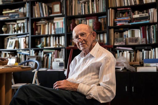 In this photo made on Monday, May 23, 2016, Joseph Harmatz sits during an interview with the Associated Press at his apartment in Tel Aviv, Israel