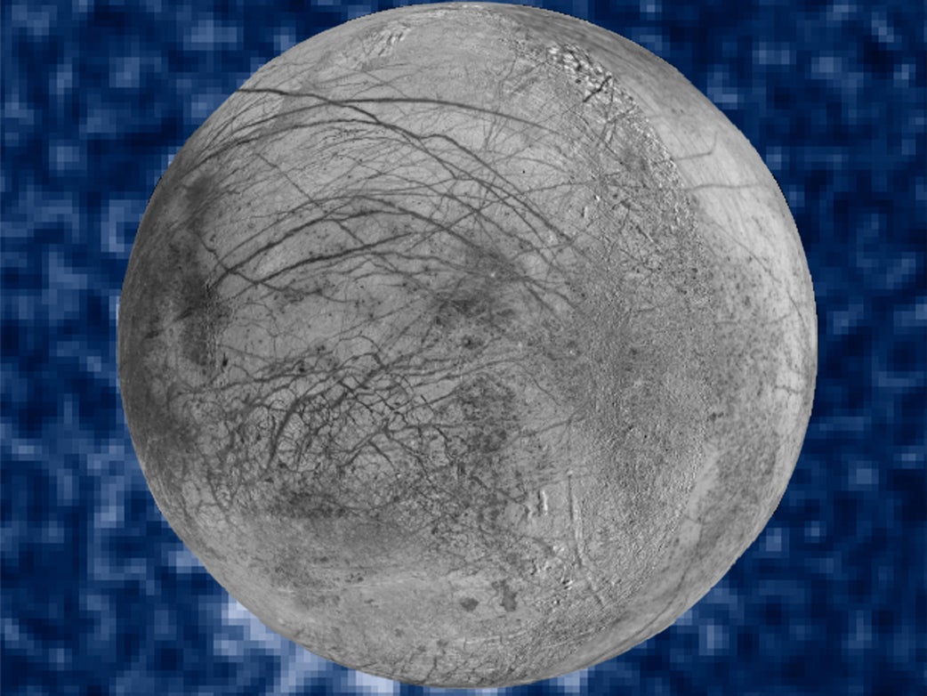 Suspected plumes of water vapor erupting at the 7 o’clock position off the limb of Jupiter’s moon Europa
