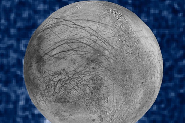 Suspected plumes of water vapor erupting at the 7 o’clock position off the limb of Jupiter’s moon Europa