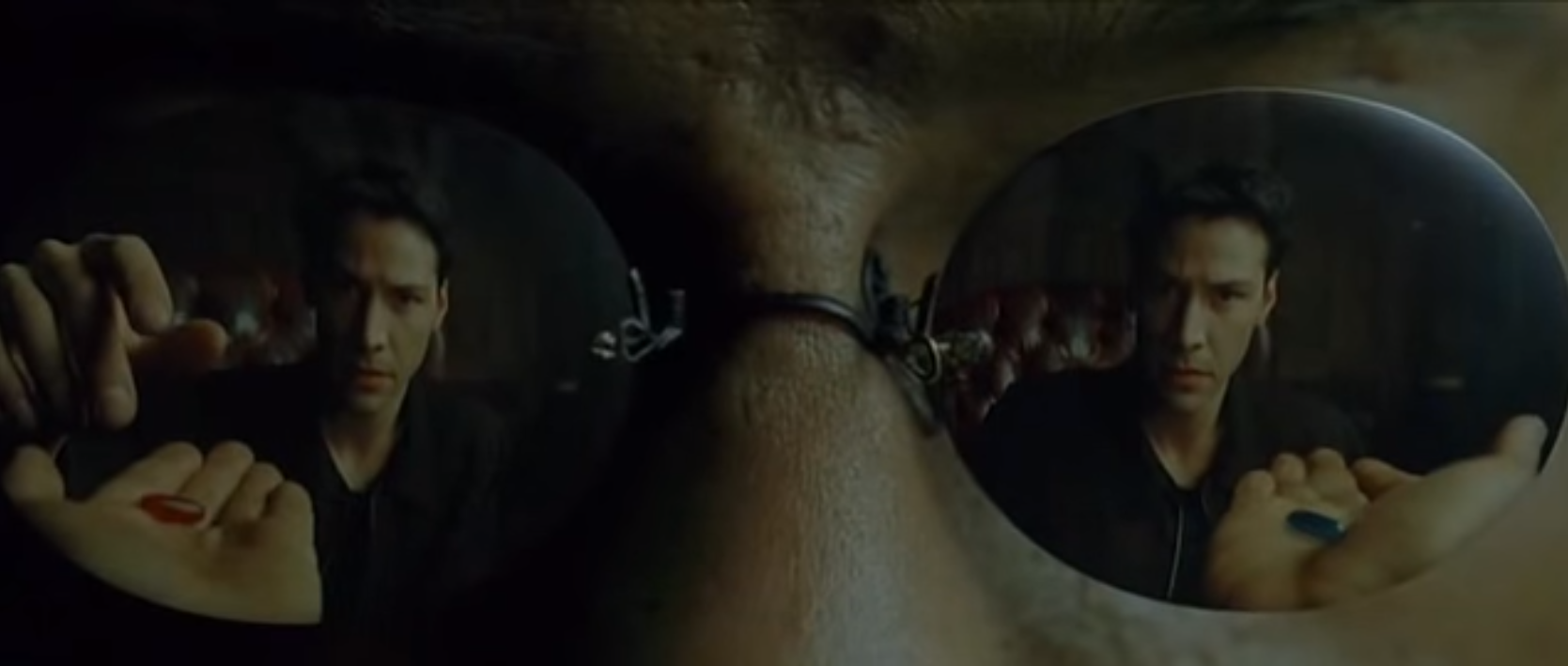 The Matrix scene where the Chosen One rejects the 'blue pill' life