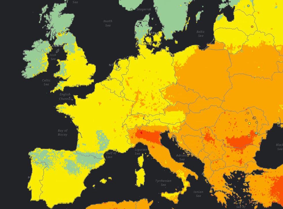 On the WHO map, green represents areas of clean air with pollution increasing from yellow to red