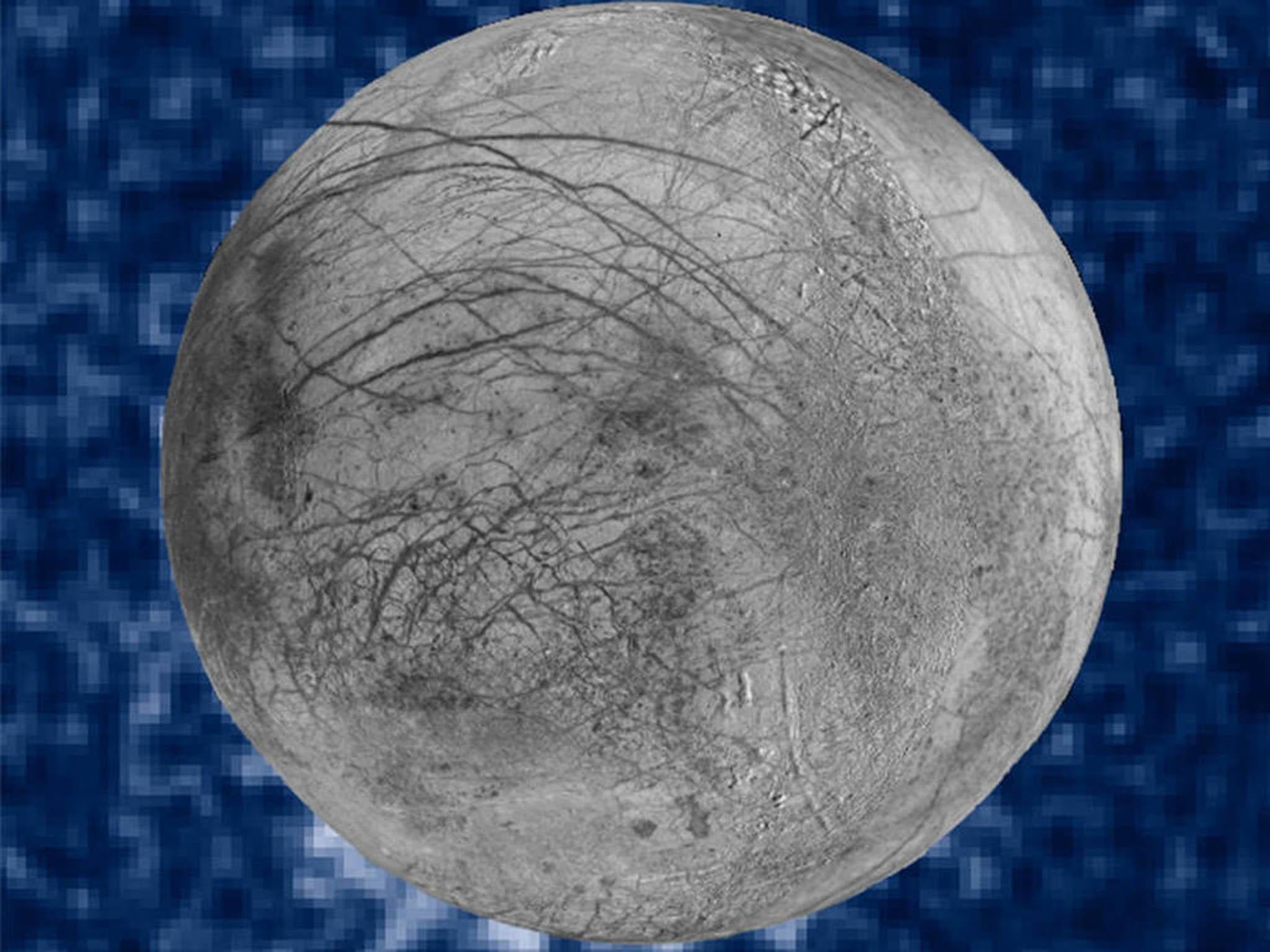 Composite image of suspected water vapour plumes erupting at the seven o’clock position off the limb of Jupiter’s moon Europa