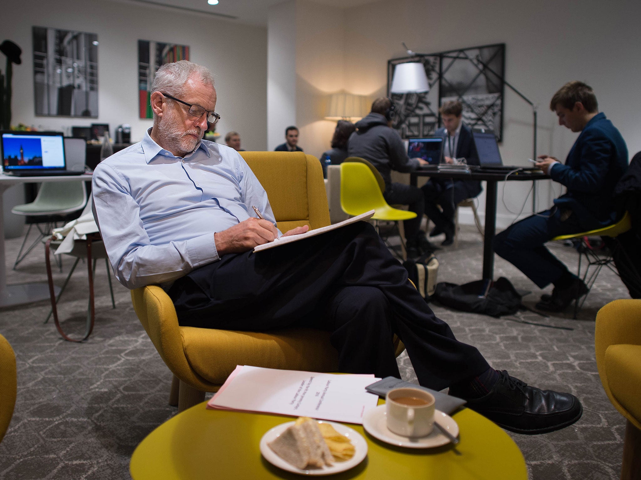 The Labour leader prepares his keynote speech at his hotel, which he will deliver at the Labour Party conference on Wednesday