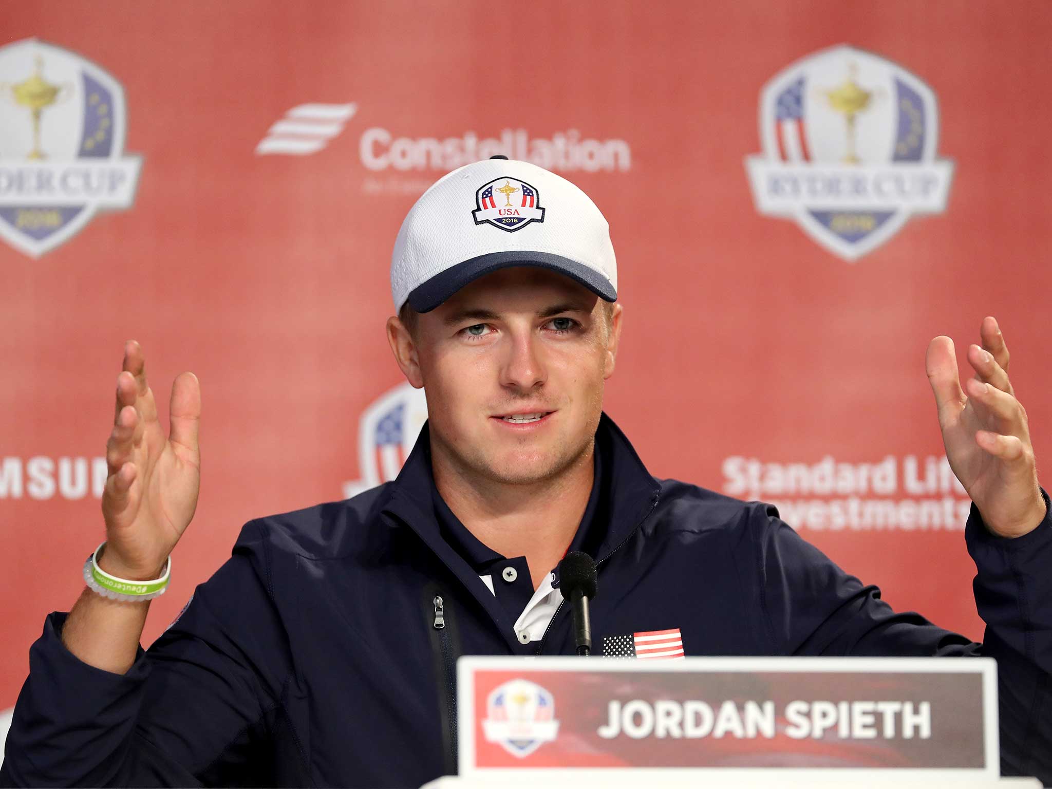 Jordan Spieth addresses the media ahead of the Ryder Cup