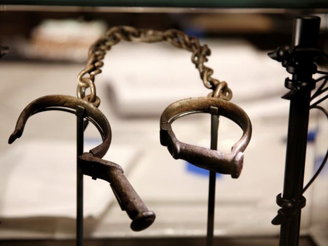 <p>Slave shackles on display at the National Museum of African American History and Culture in Washington</p>