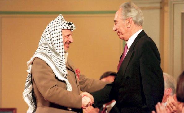Yasser Arafat and Shimon Peres at the 1994 Nobel Peace Prize ceremony in Oslo, Norway