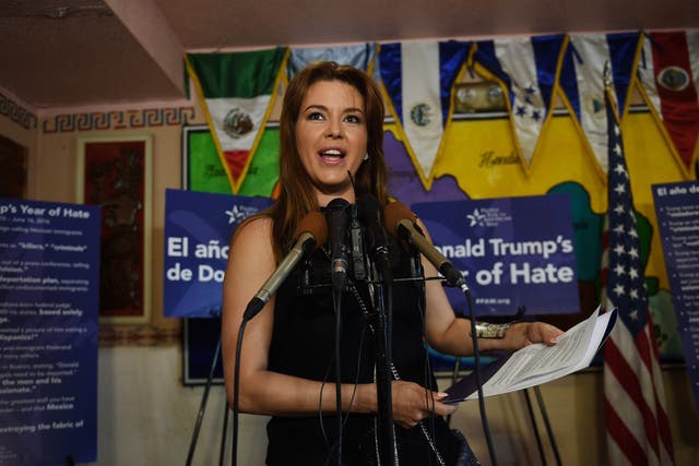 Alicia Machado speaks at a news conference to mark the one-year anniversary of Donald Trump’s presidential campaign on June 15 in Arlington, Virginia