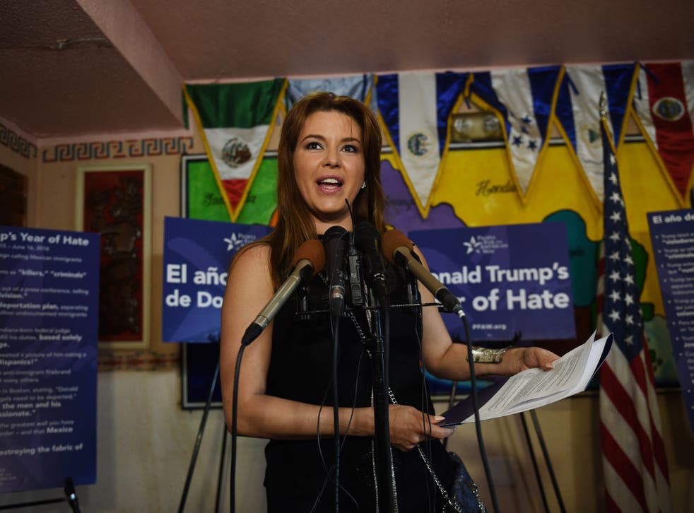 Alicia Machado speaks at a news conference to mark the one-year anniversary of Donald Trump’s presidential campaign on June 15 in Arlington, Virginia