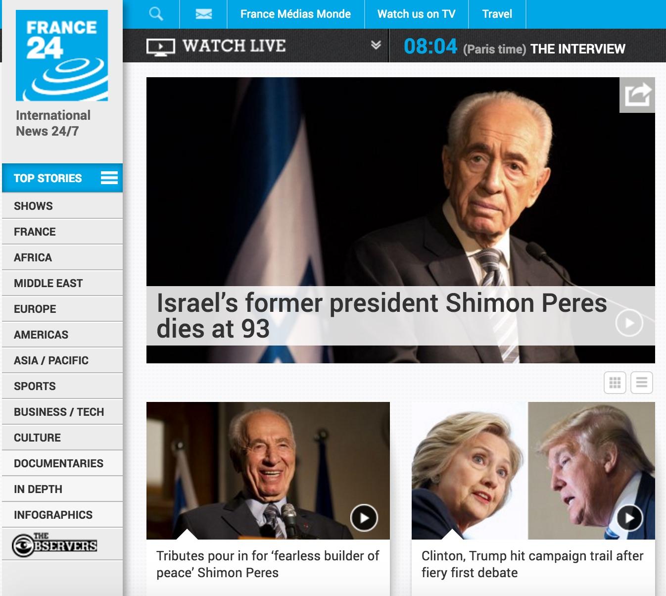 
France24 calls Peres a 'fearless builder of peace' 