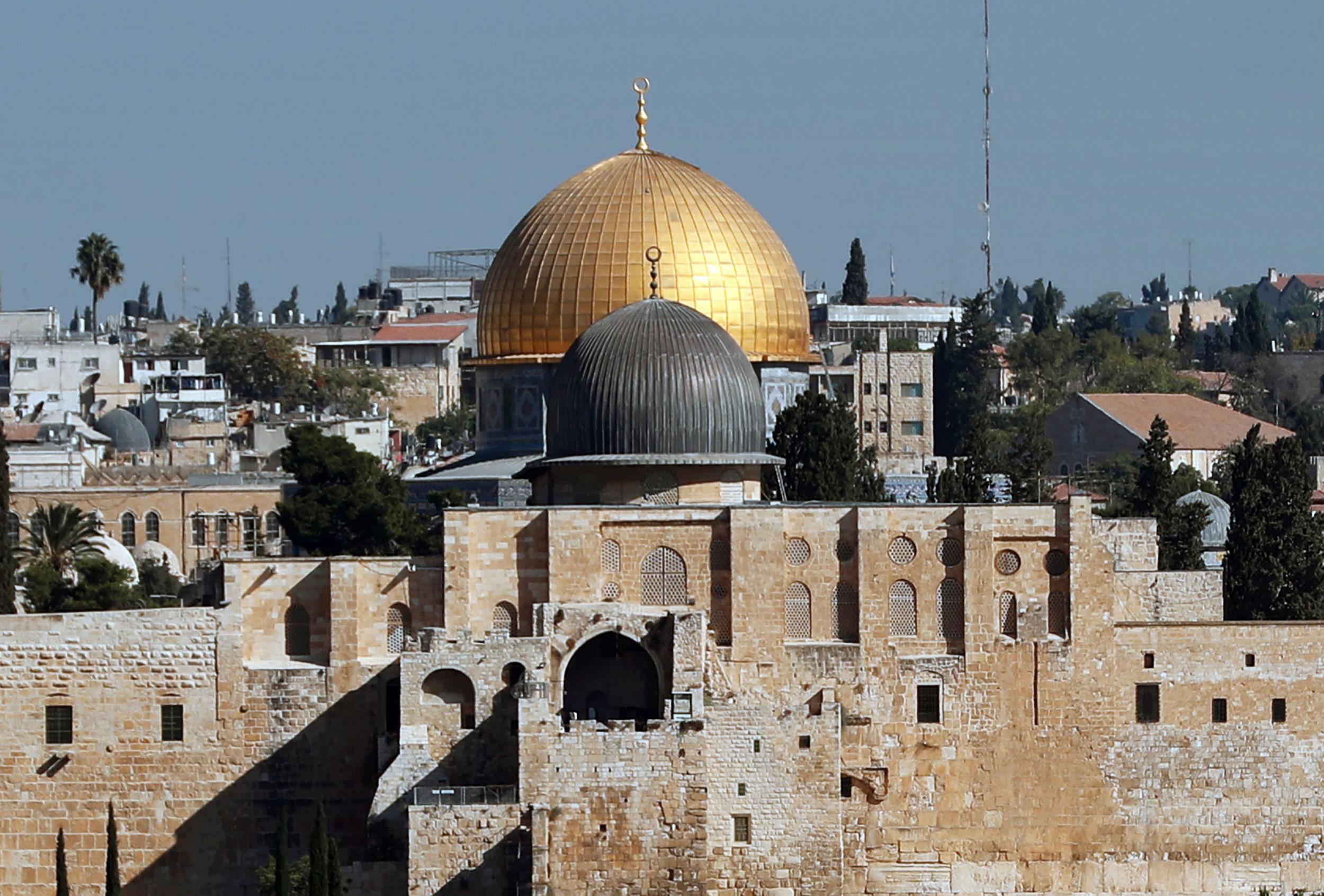 The Old City of Jerusalem, with the Dome of the Rock at the back and the dome of the al-Aqsa mosque in the foreground