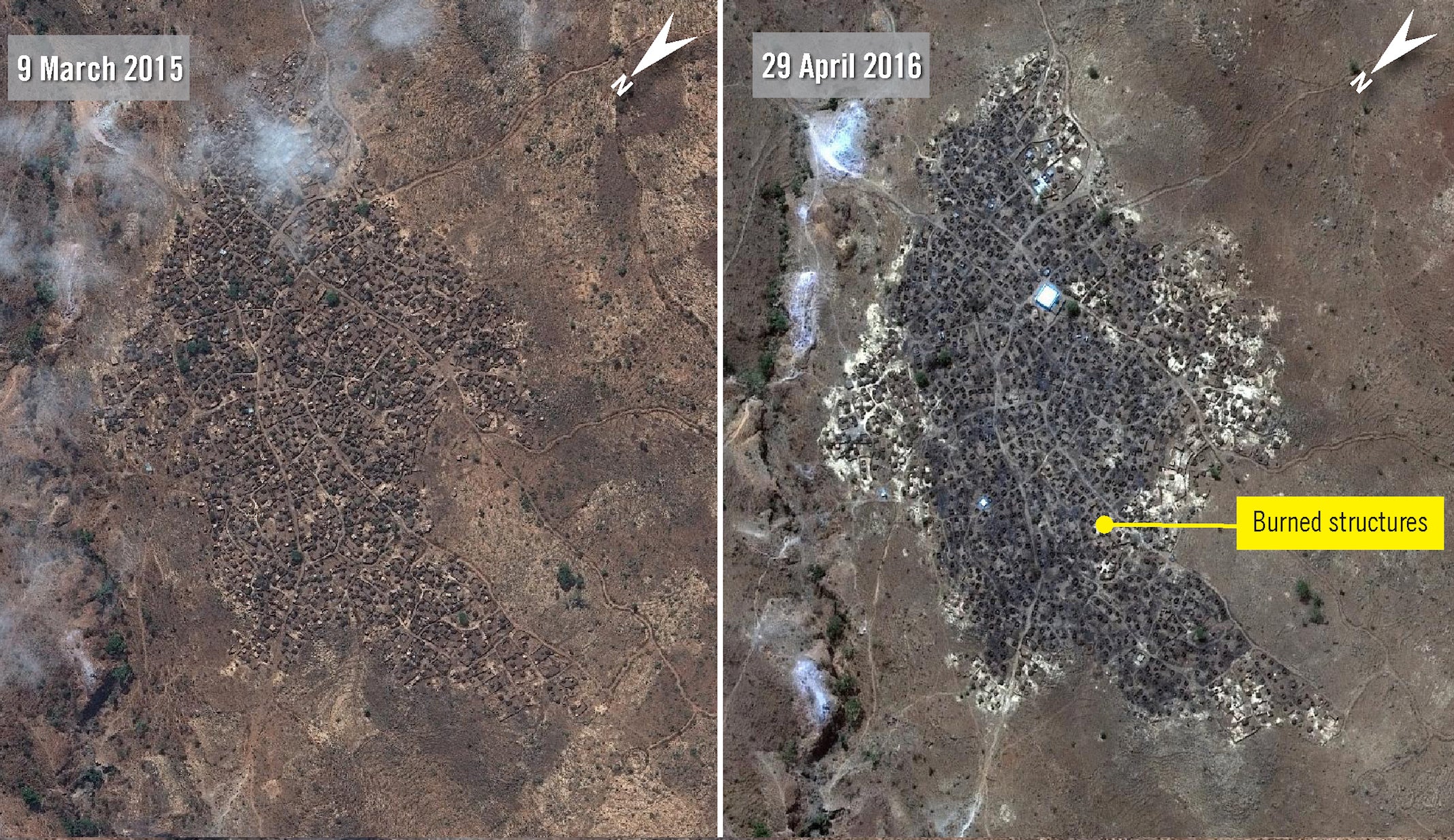 &#13;
Satellite imagery from March 2015 (L) and April 2016 shows the village of Karmal has been almost completely razed by fire. Only a few thatched roof tukuls, on the outer edges of the village (R), appear undamaged &#13;