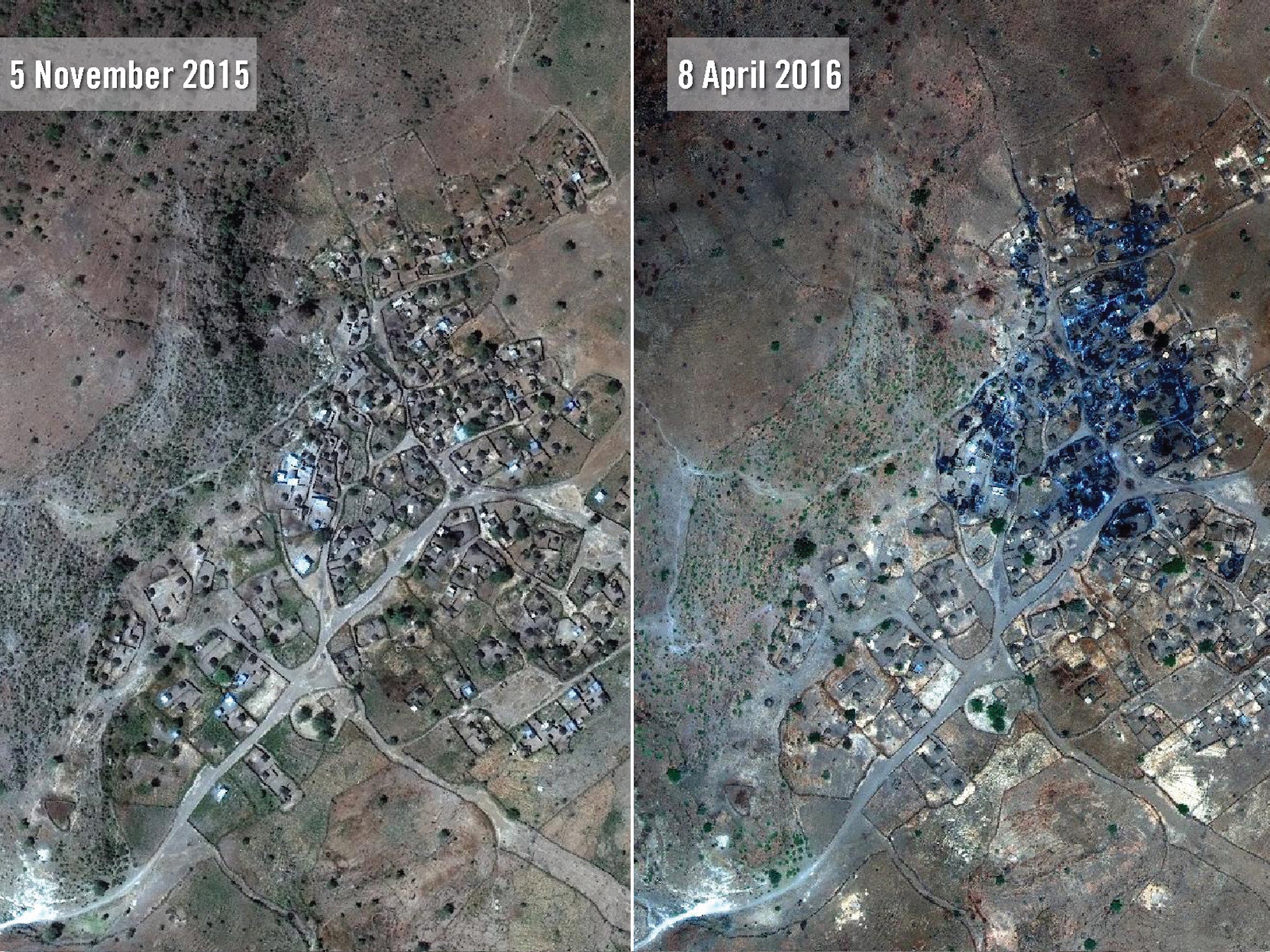 Satellite imagery from November 2015 (L) and 8 April 2016 shows the destruction of the western part of Nuoguey village (top of image), while the eastern half remains relatively intact