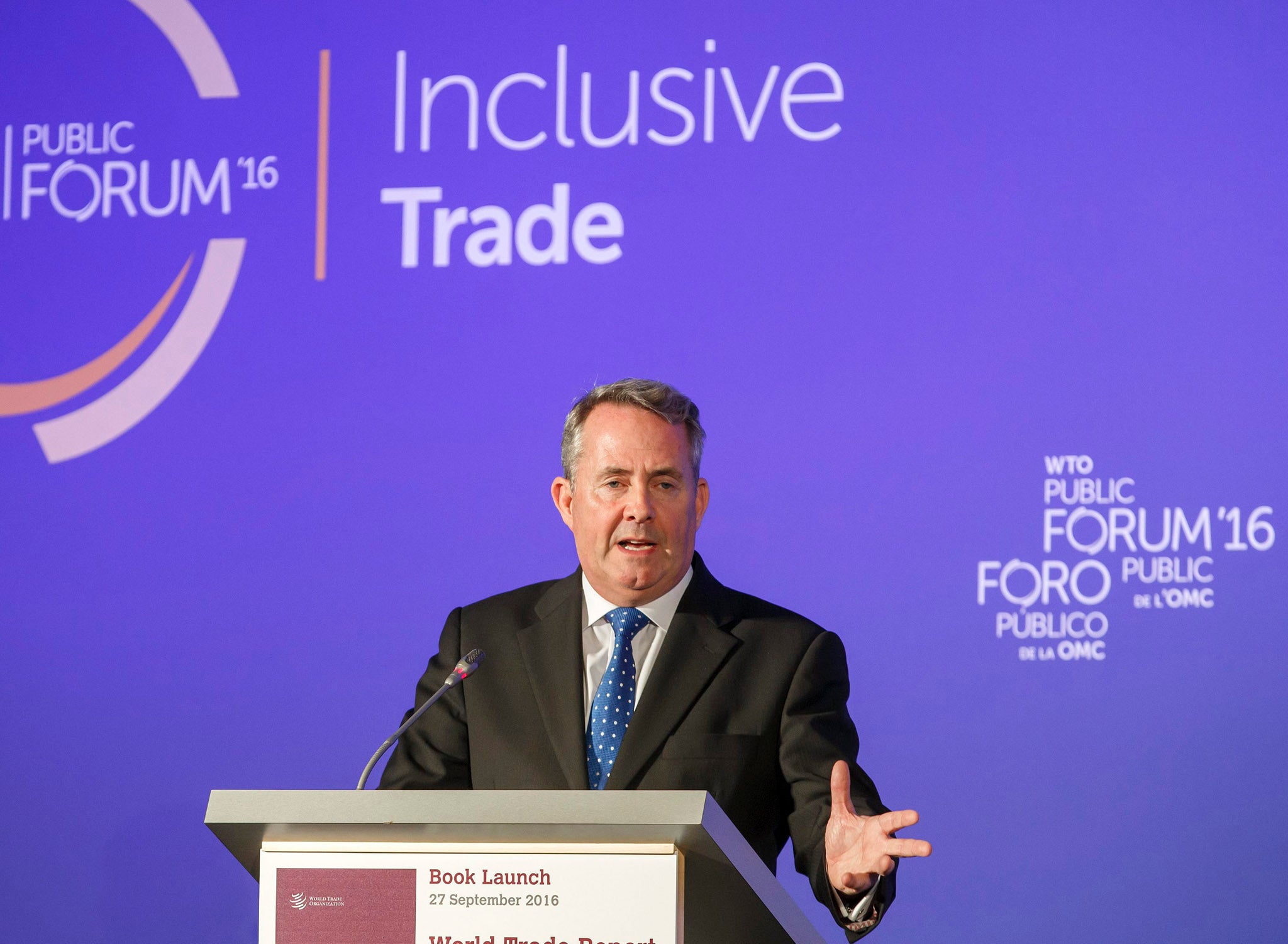 British Secretary of State for International Trade Liam Fox delivers his speech during the WTO Public Forum 'Inclusive Trade',