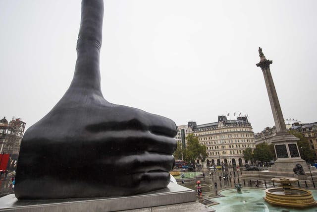 The 7m-high elongated thumbs-up is the 11th Fourth Plinth artwork in London’s Trafalgar Square