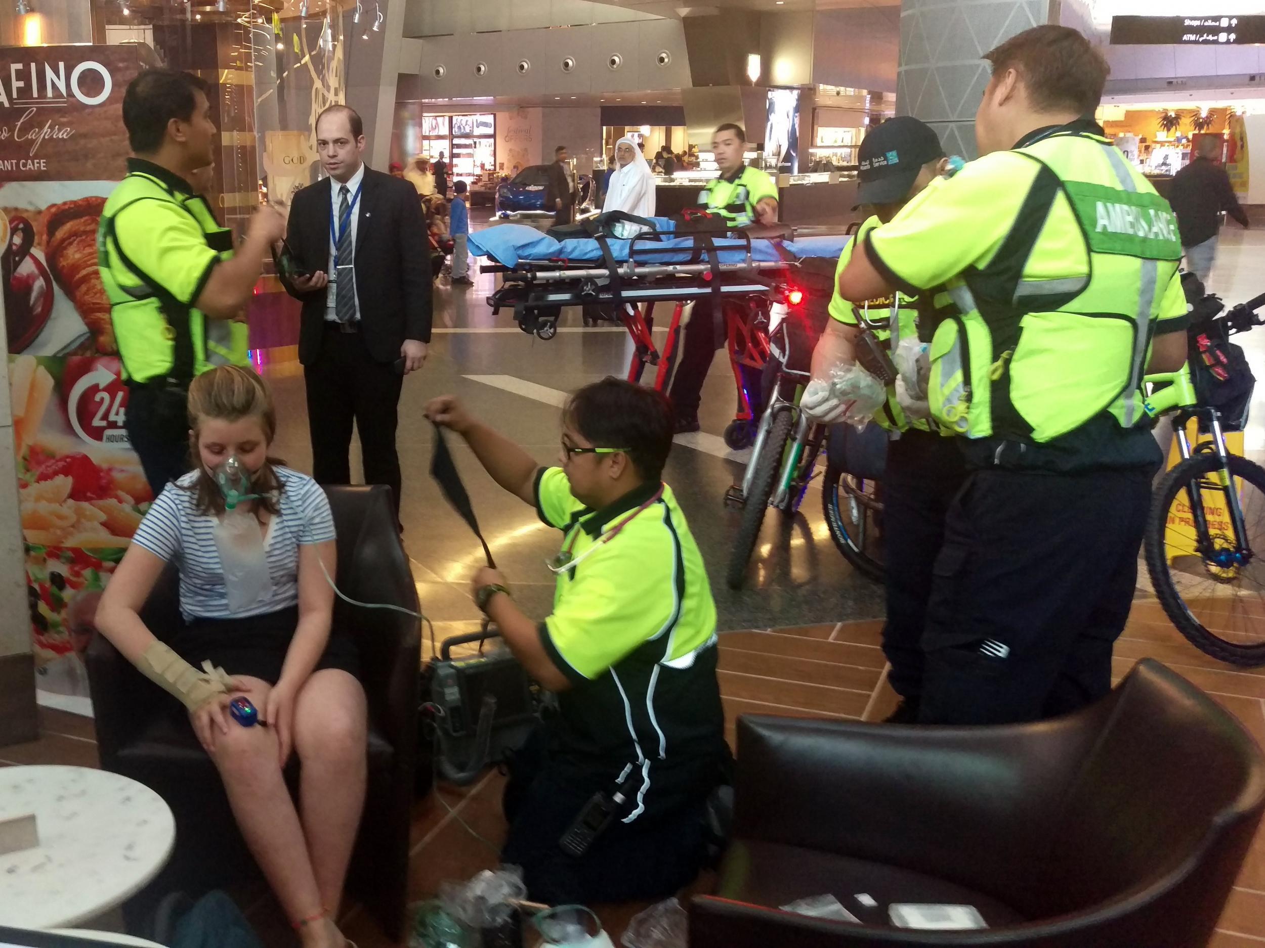 Issy being treated at Doha Airport