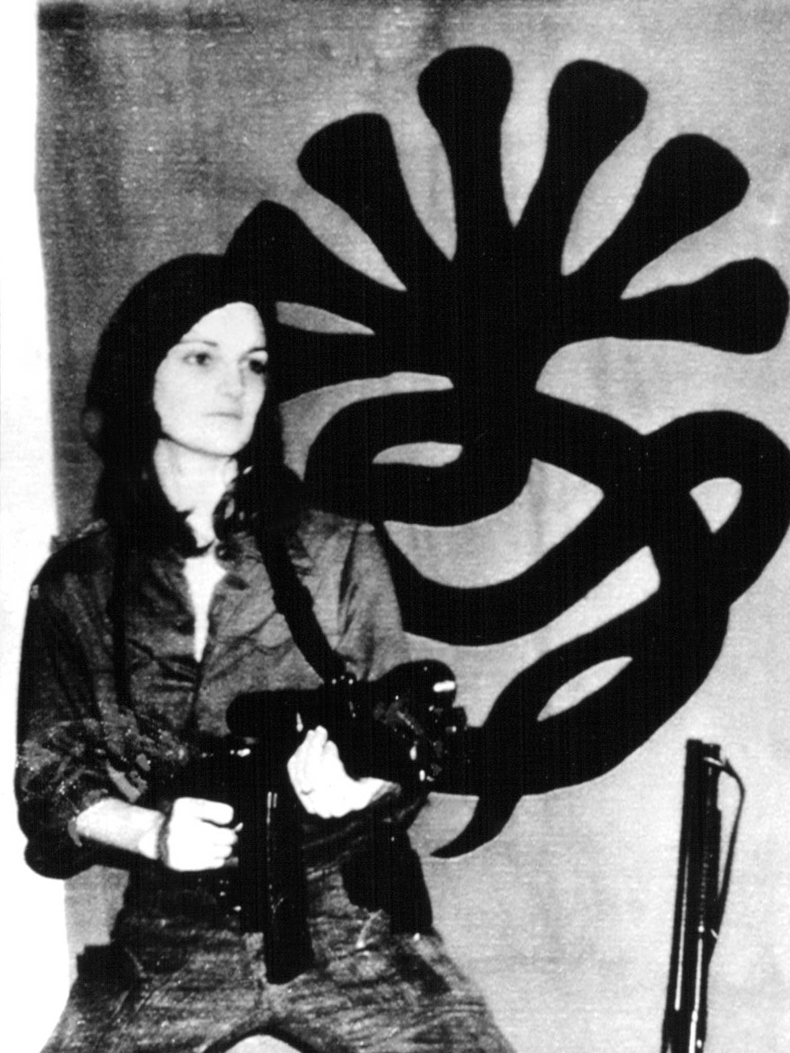 A gun-toting Patricia Hearst poses in front of the SLA emblem